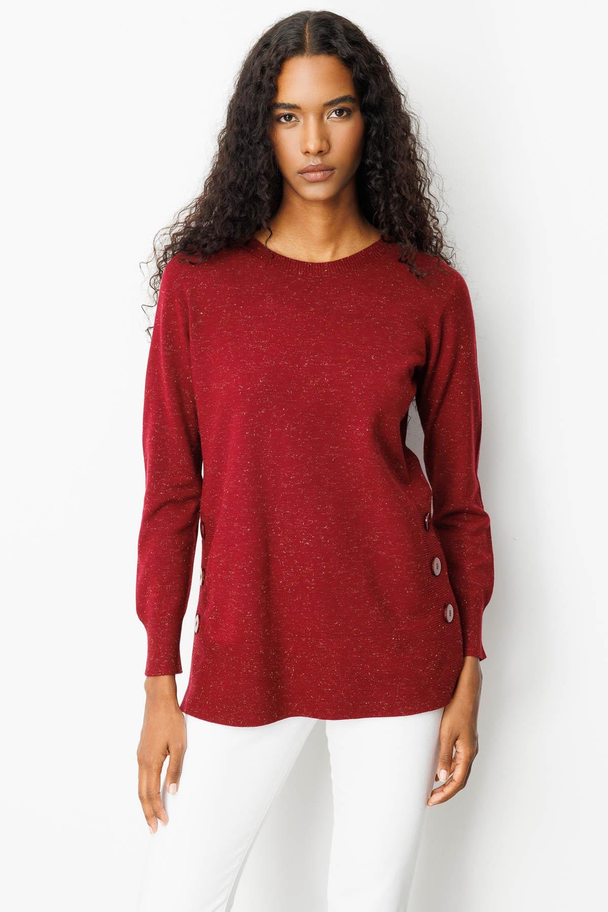 23390Kadın Sıfır Yaka Dikişsiz Yanları Düğmeli Simli Kazak Vişne