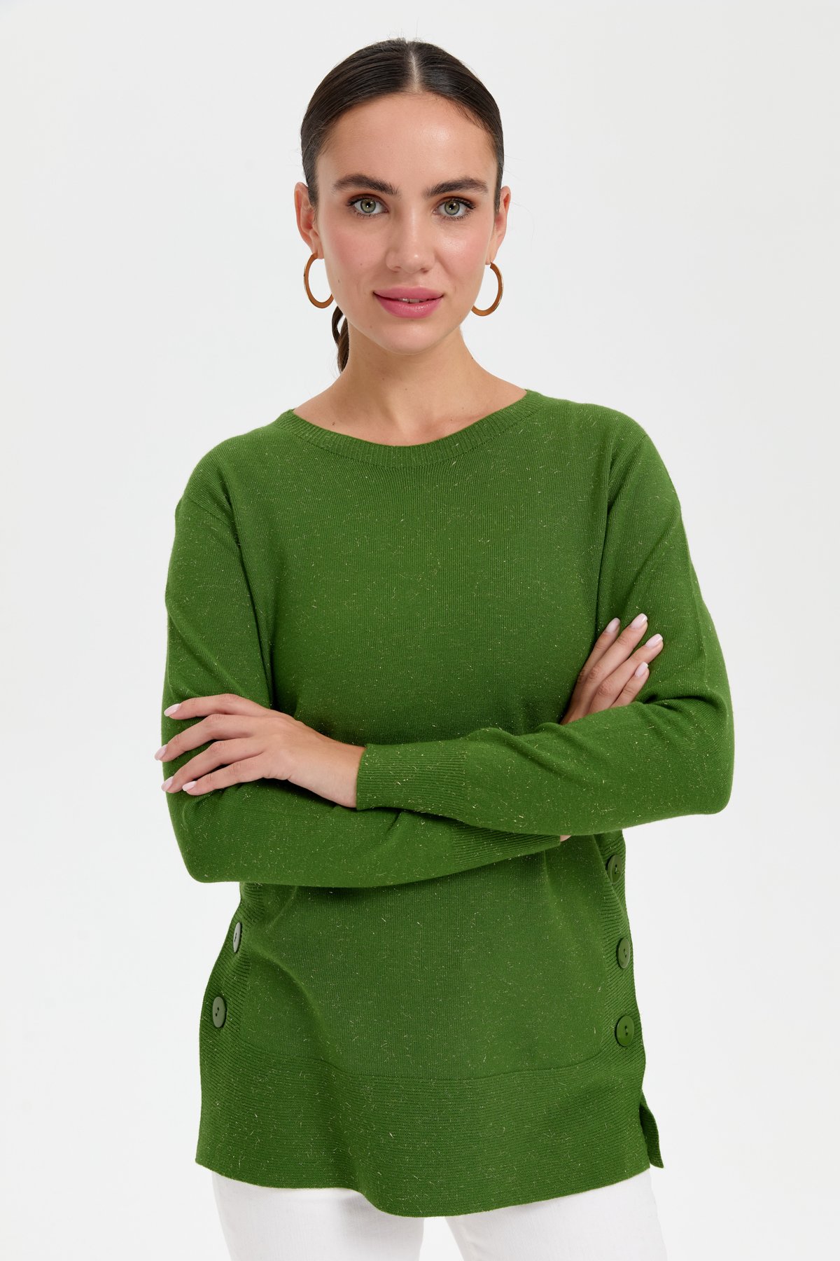 23390Kadın Sıfır Yaka Dikişsiz Yanları Düğmeli Simli Kazak K.Yosun