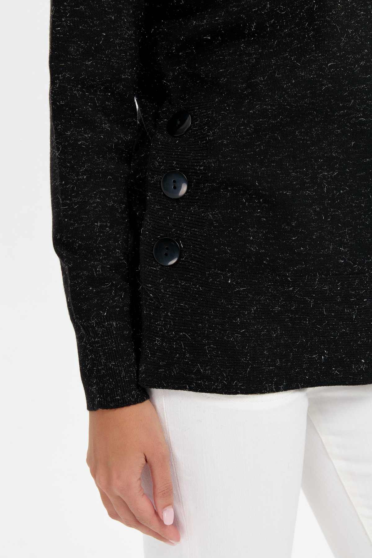 23390Kadın Sıfır Yaka Dikişsiz Yanları Düğmeli Simli Kazak Siyah