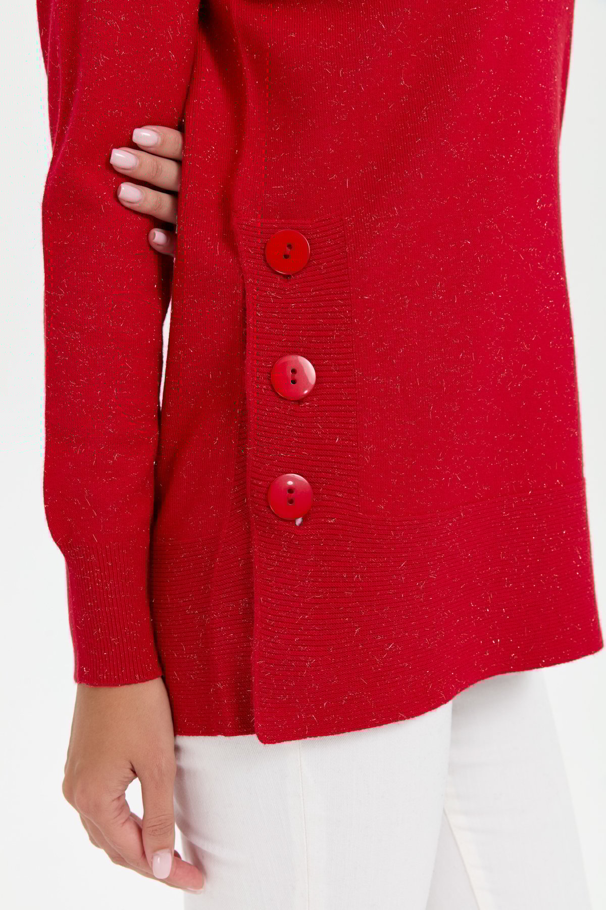 23390Kadın Sıfır Yaka Dikişsiz Yanları Düğmeli Simli Kazak Kırmızı