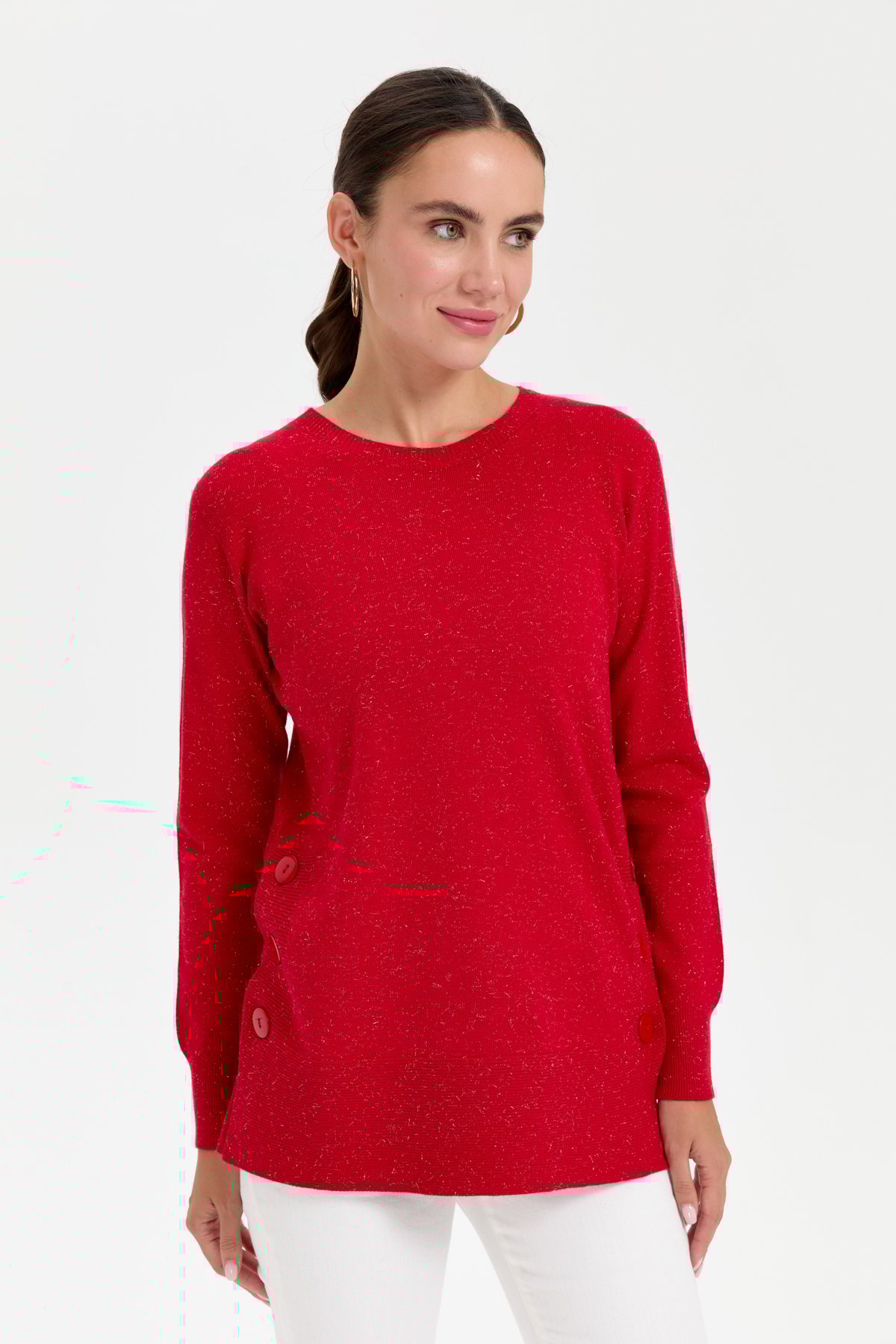 23390Kadın Sıfır Yaka Dikişsiz Yanları Düğmeli Simli Kazak Kırmızı