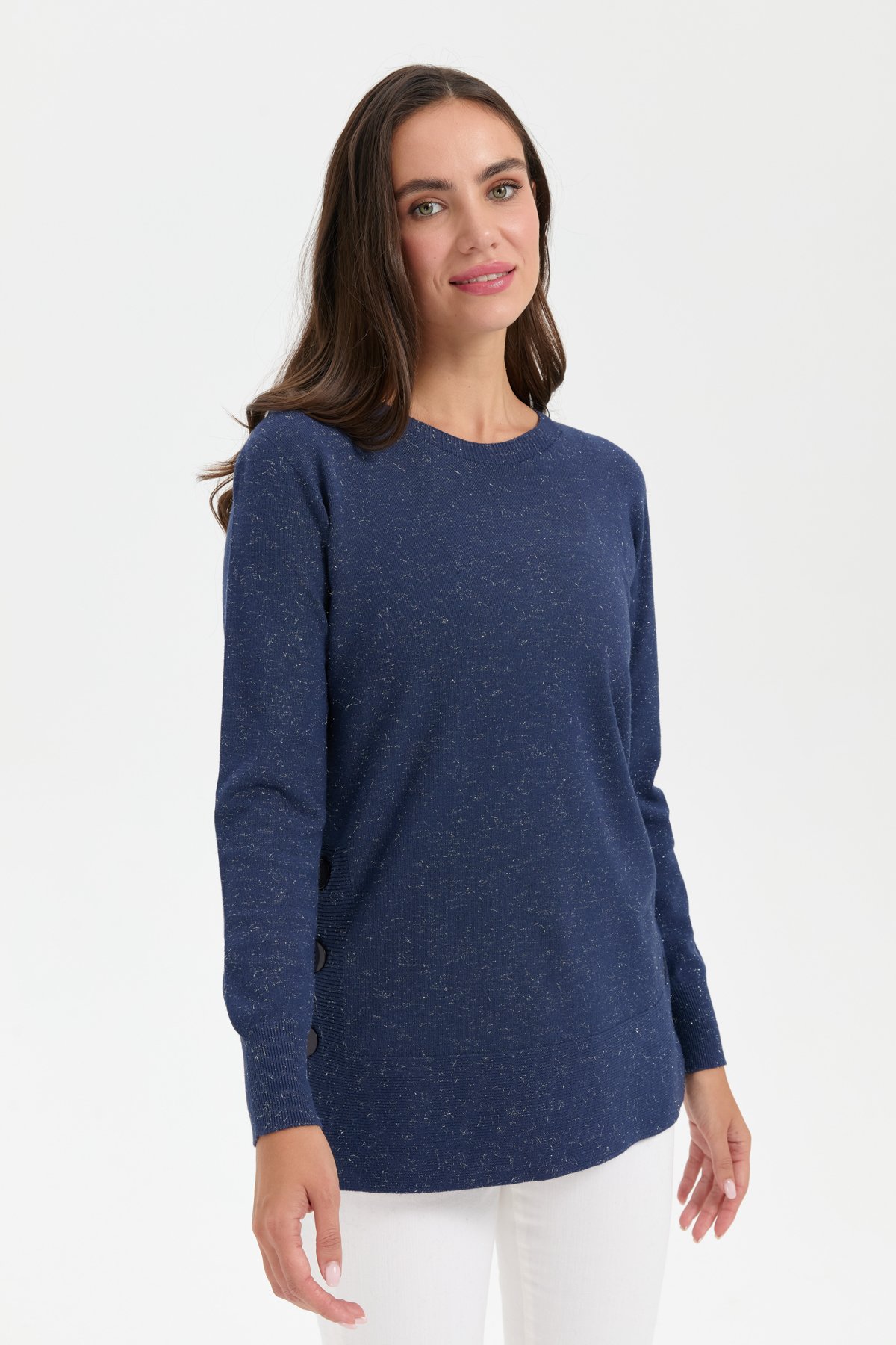 23390Kadın Sıfır Yaka Dikişsiz Yanları Düğmeli Simli Kazak Lacivert