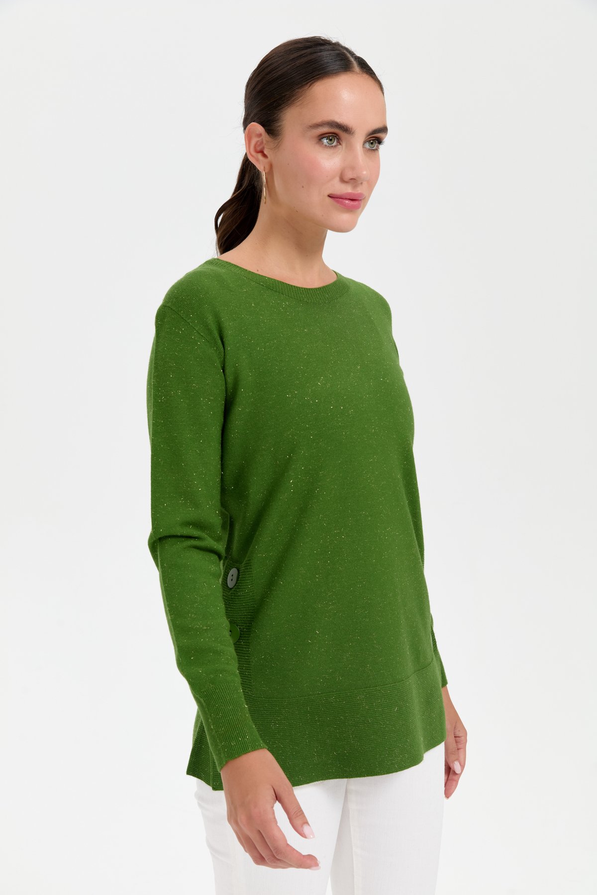 23390Kadın Sıfır Yaka Dikişsiz Yanları Düğmeli Simli Kazak K.Yosun