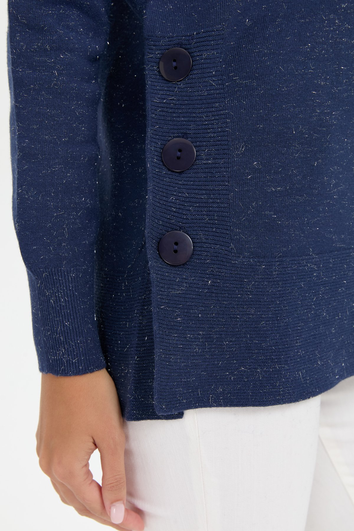 23390Kadın Sıfır Yaka Dikişsiz Yanları Düğmeli Simli Kazak Lacivert