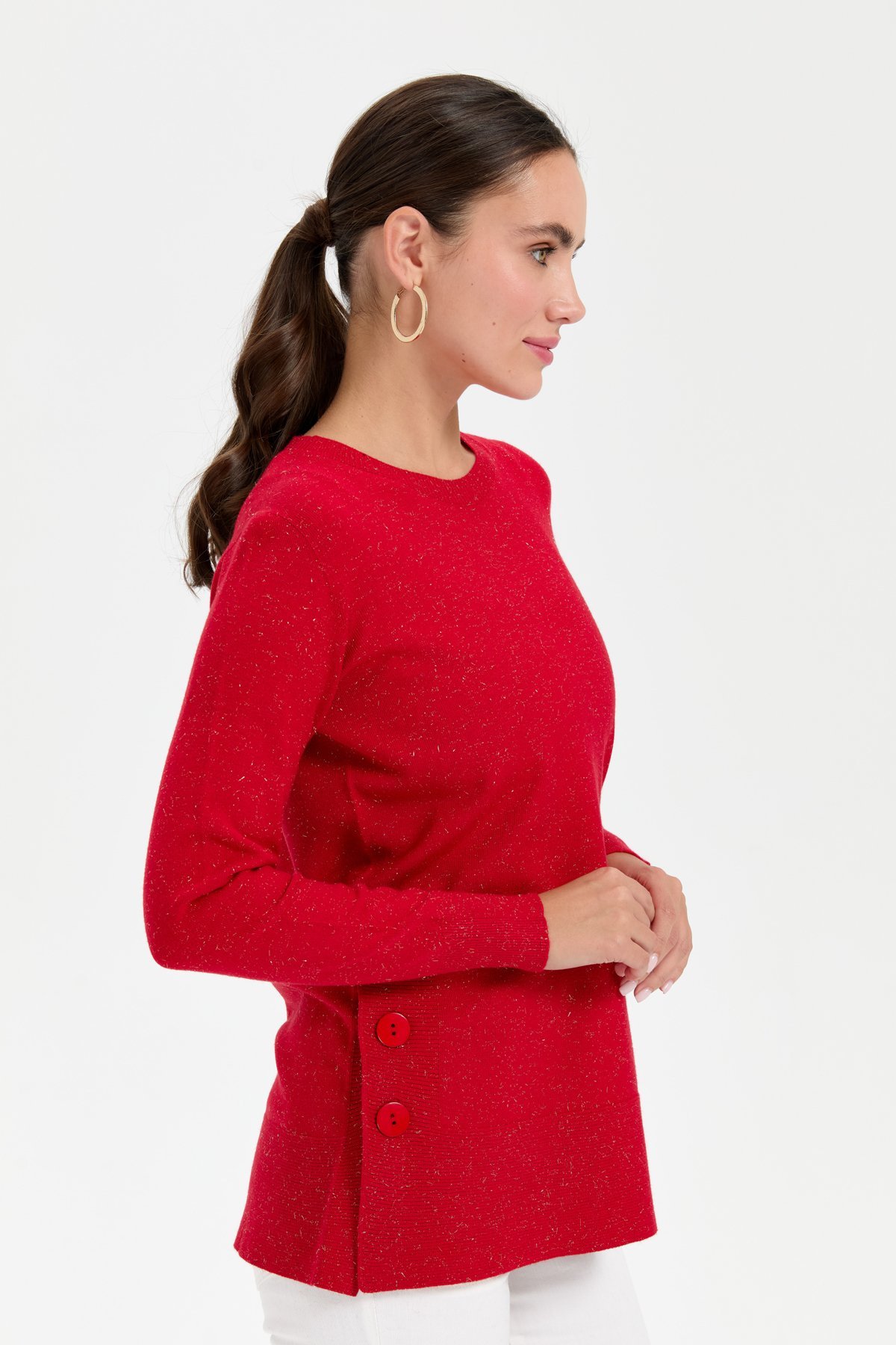 23390Kadın Sıfır Yaka Dikişsiz Yanları Düğmeli Simli Kazak Kırmızı