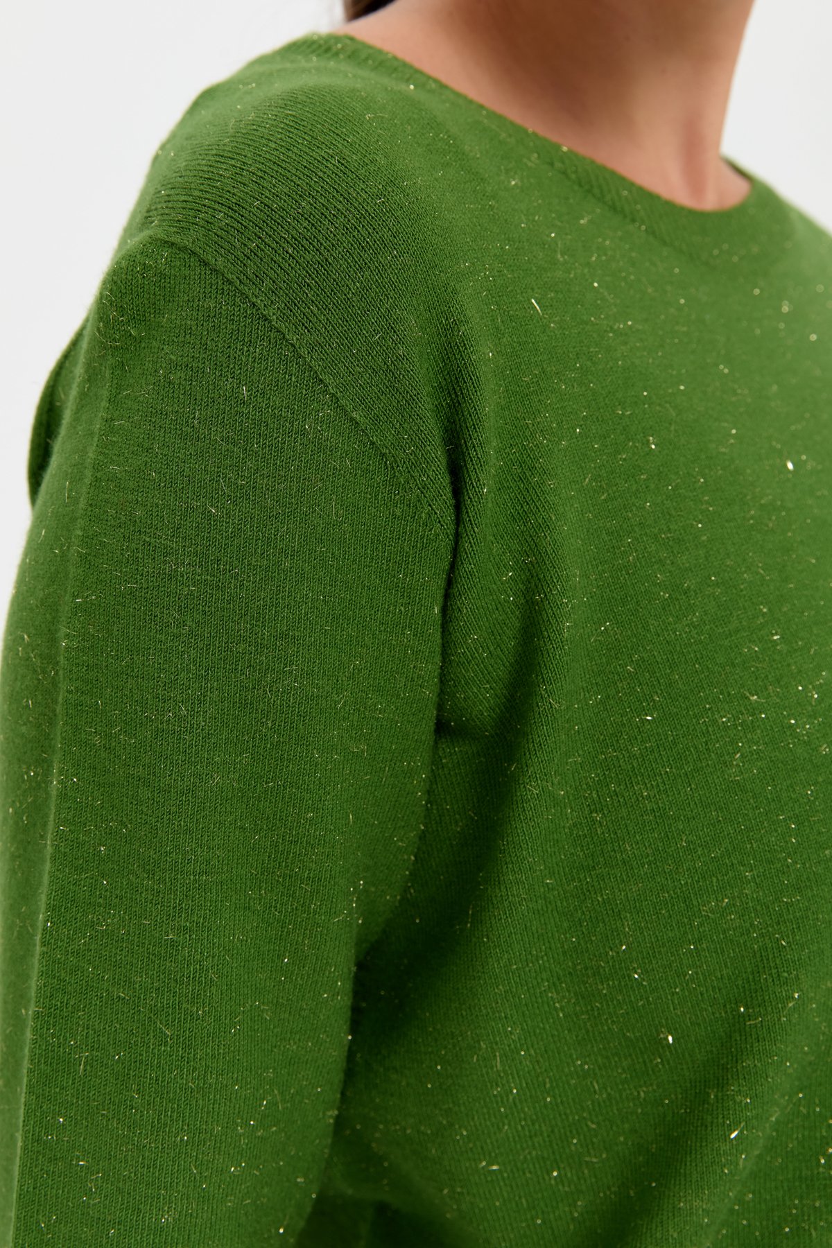 23390Kadın Sıfır Yaka Dikişsiz Yanları Düğmeli Simli Kazak K.Yosun