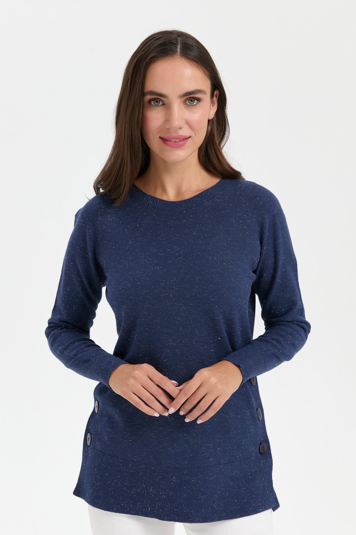 23390Kadın Sıfır Yaka Dikişsiz Yanları Düğmeli Simli Kazak Lacivert