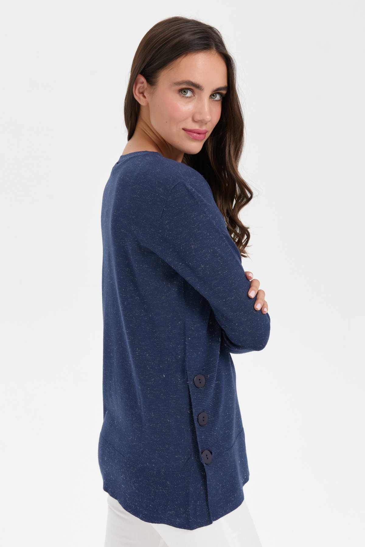 23390Kadın Sıfır Yaka Dikişsiz Yanları Düğmeli Simli Kazak Lacivert