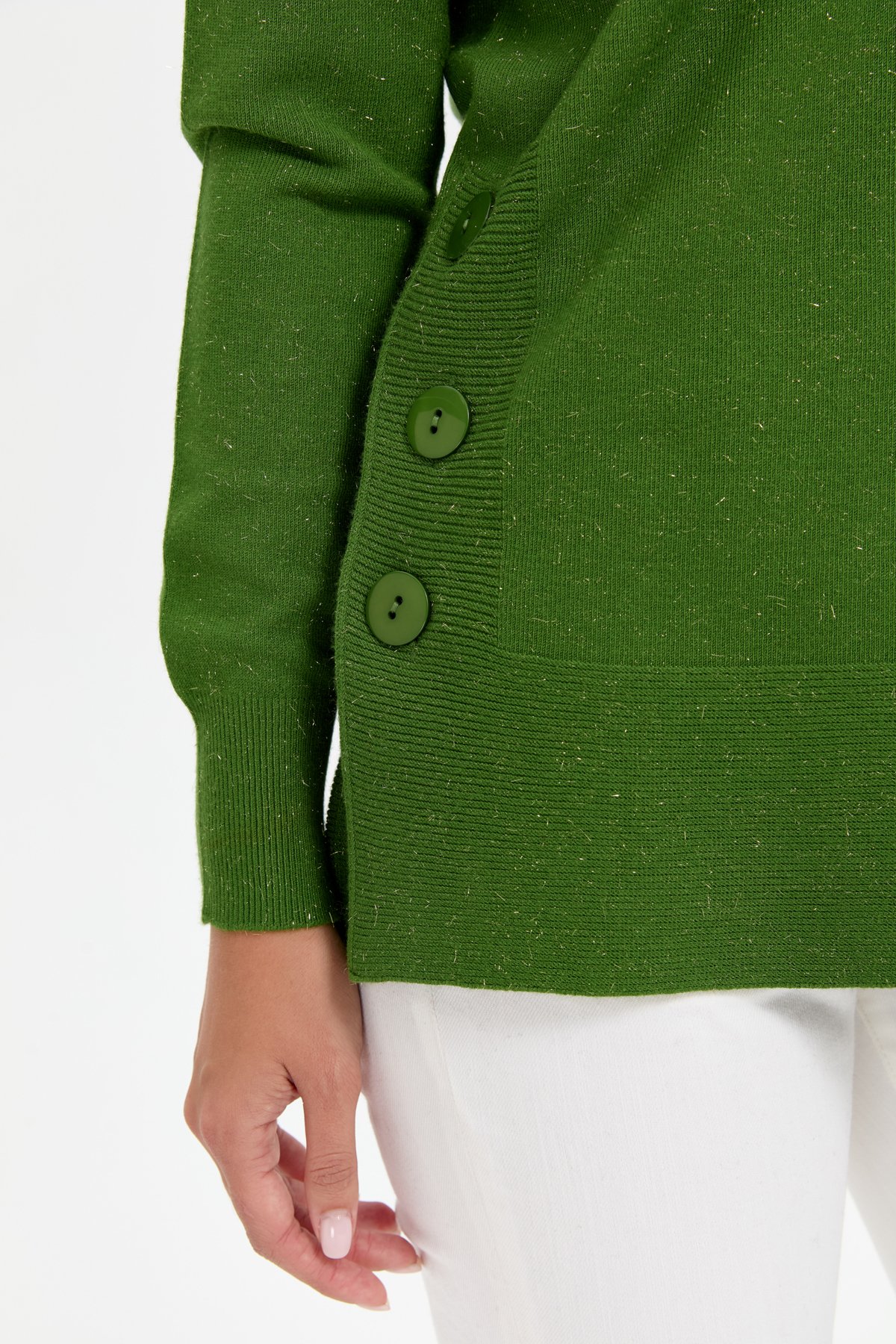 23390Kadın Sıfır Yaka Dikişsiz Yanları Düğmeli Simli Kazak K.Yosun