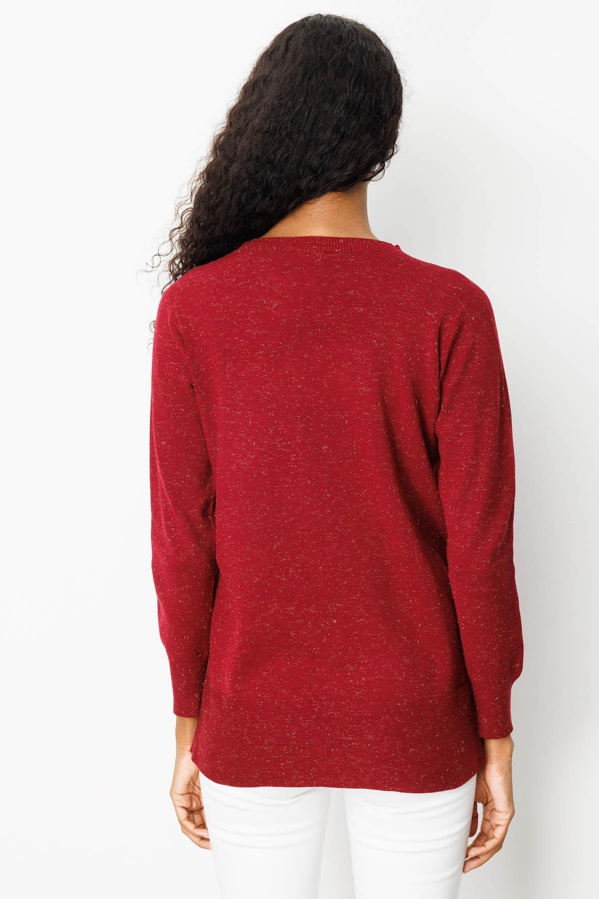 23390Kadın Sıfır Yaka Dikişsiz Yanları Düğmeli Simli Kazak Vişne