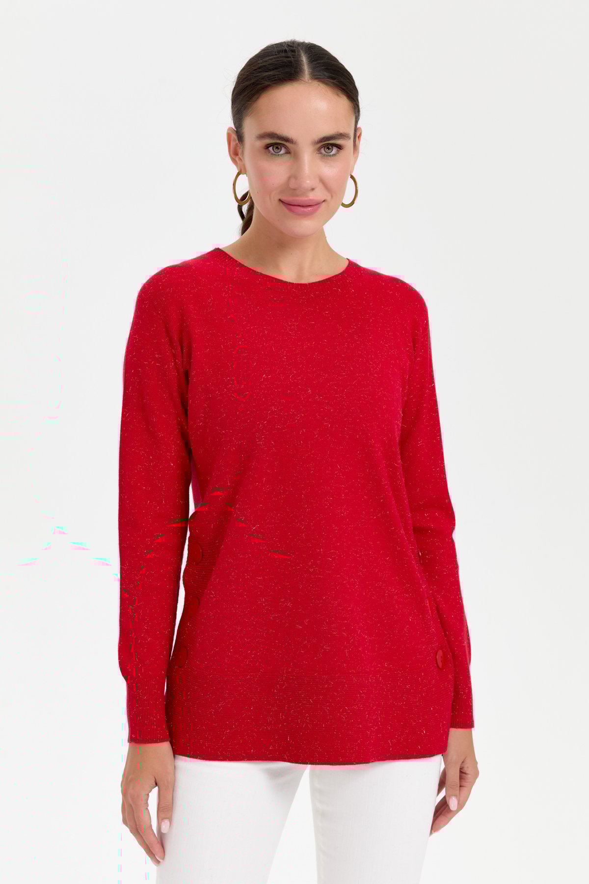 23390Kadın Sıfır Yaka Dikişsiz Yanları Düğmeli Simli Kazak Kırmızı