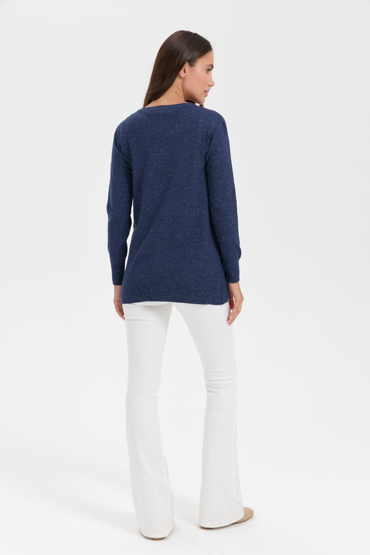 23390Kadın Sıfır Yaka Dikişsiz Yanları Düğmeli Simli Kazak Lacivert