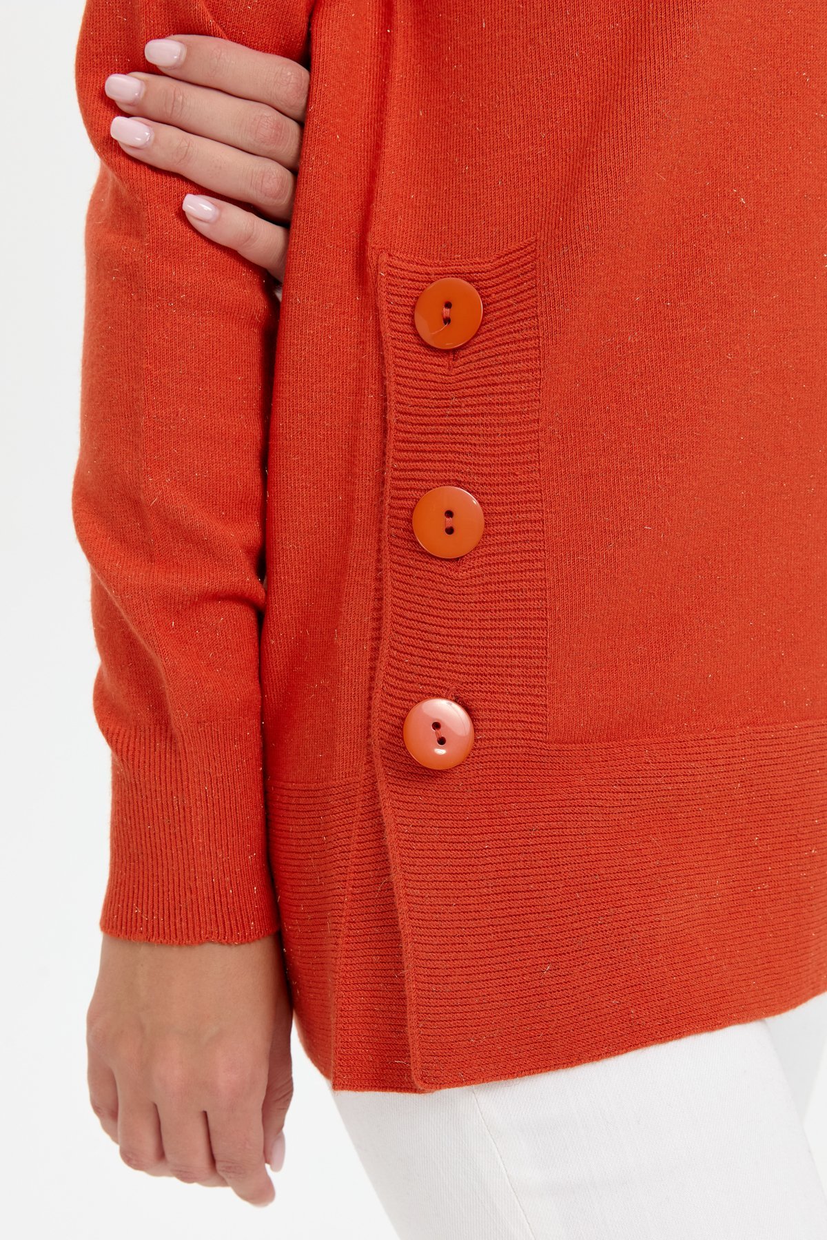 23390Kadın Sıfır Yaka Dikişsiz Yanları Düğmeli Simli Kazak Portakal