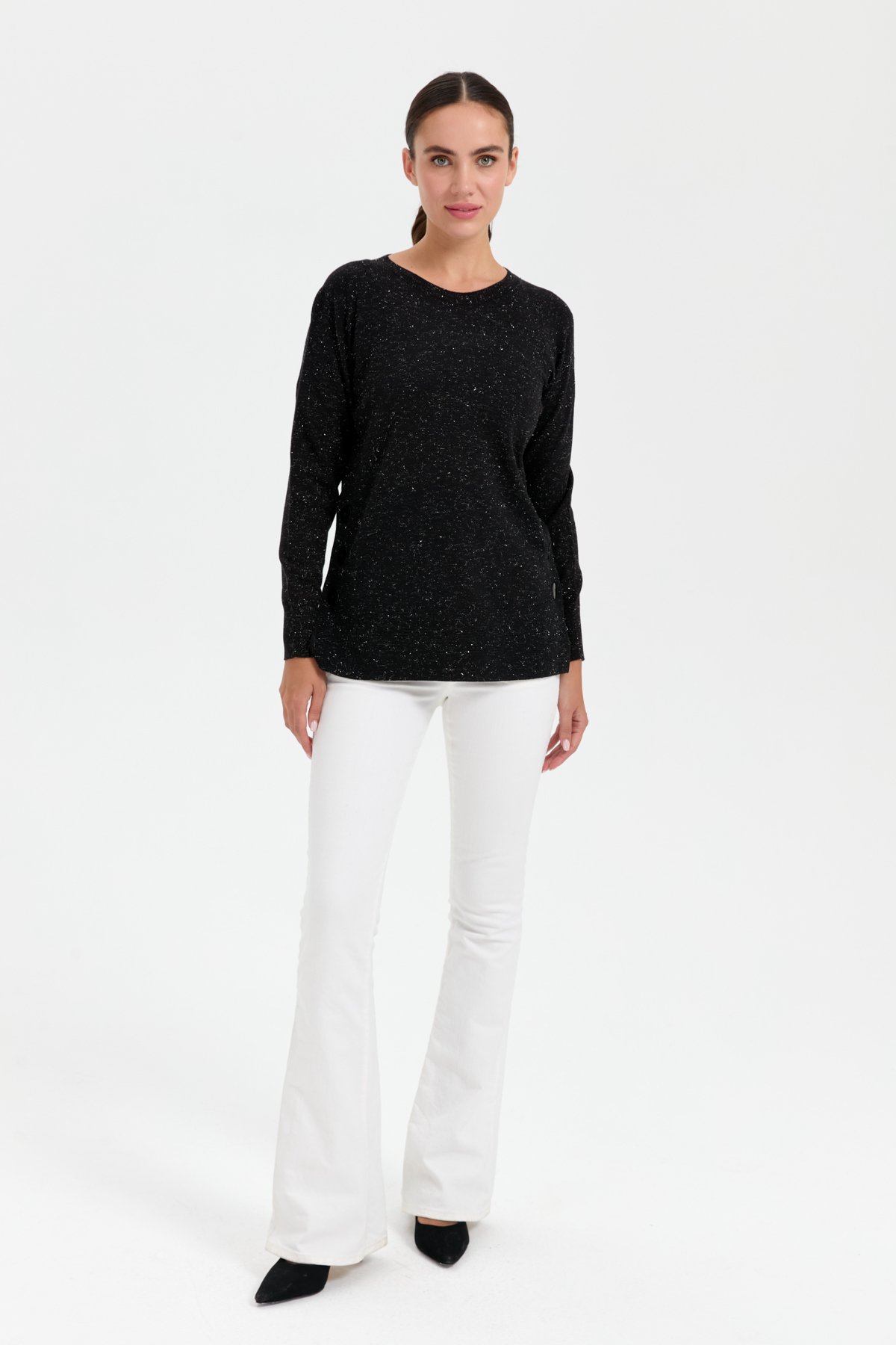 23390Kadın Sıfır Yaka Dikişsiz Yanları Düğmeli Simli Kazak Siyah