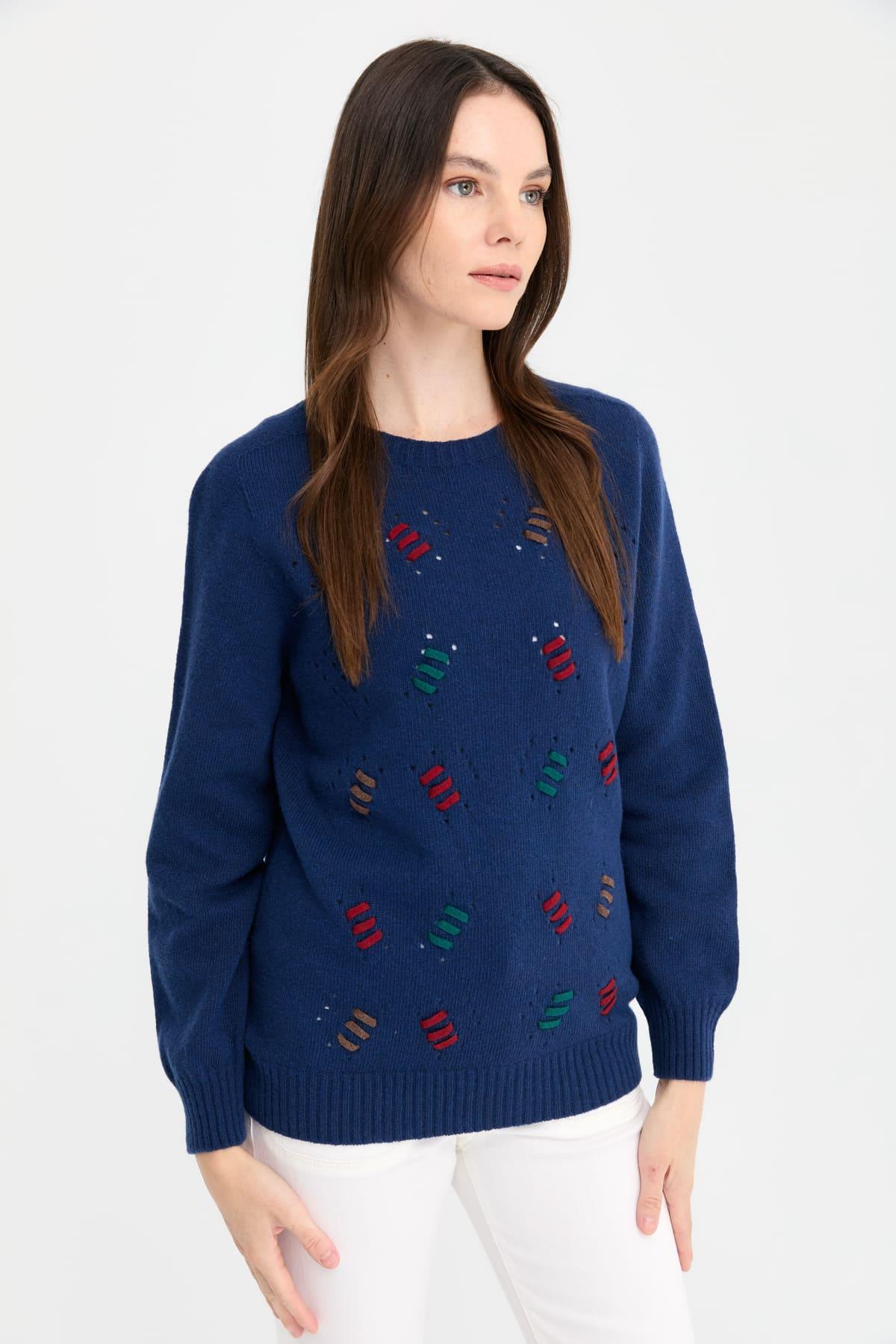 24211Kadın Sıfır Yaka Dikişsiz Yün Kazak İndigo