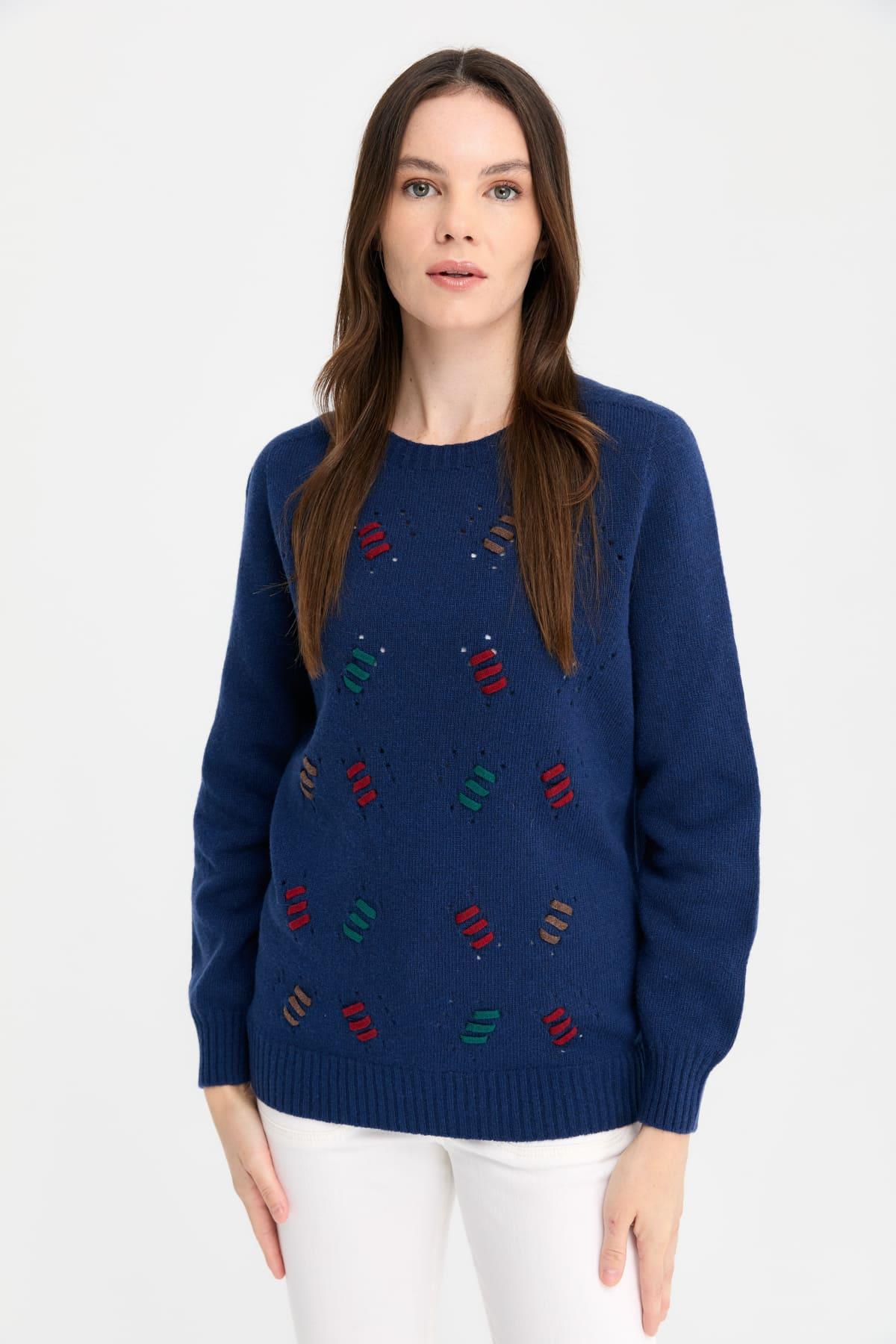 24211Kadın Sıfır Yaka Dikişsiz Yün Kazak İndigo