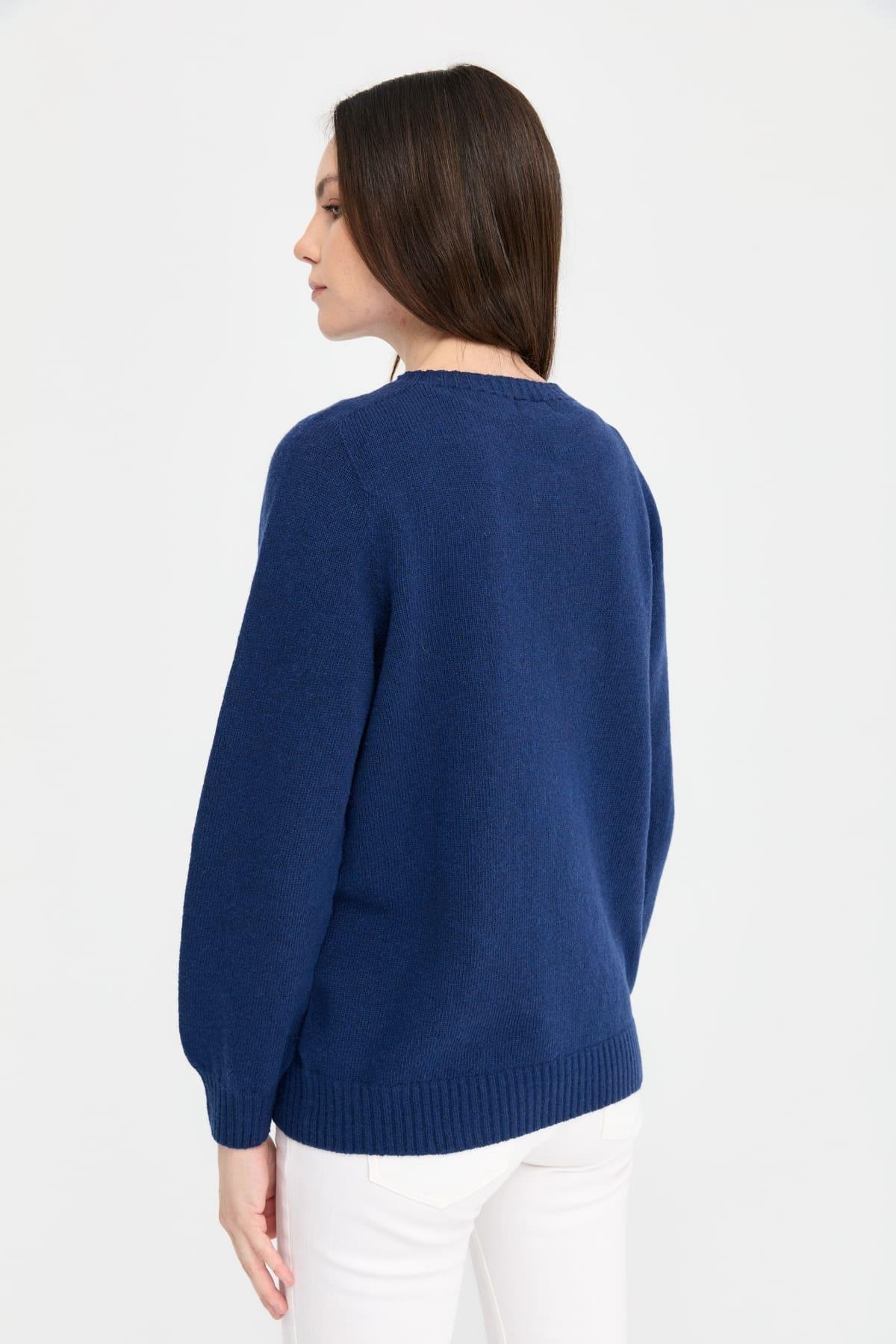 24211Kadın Sıfır Yaka Dikişsiz Yün Kazak İndigo