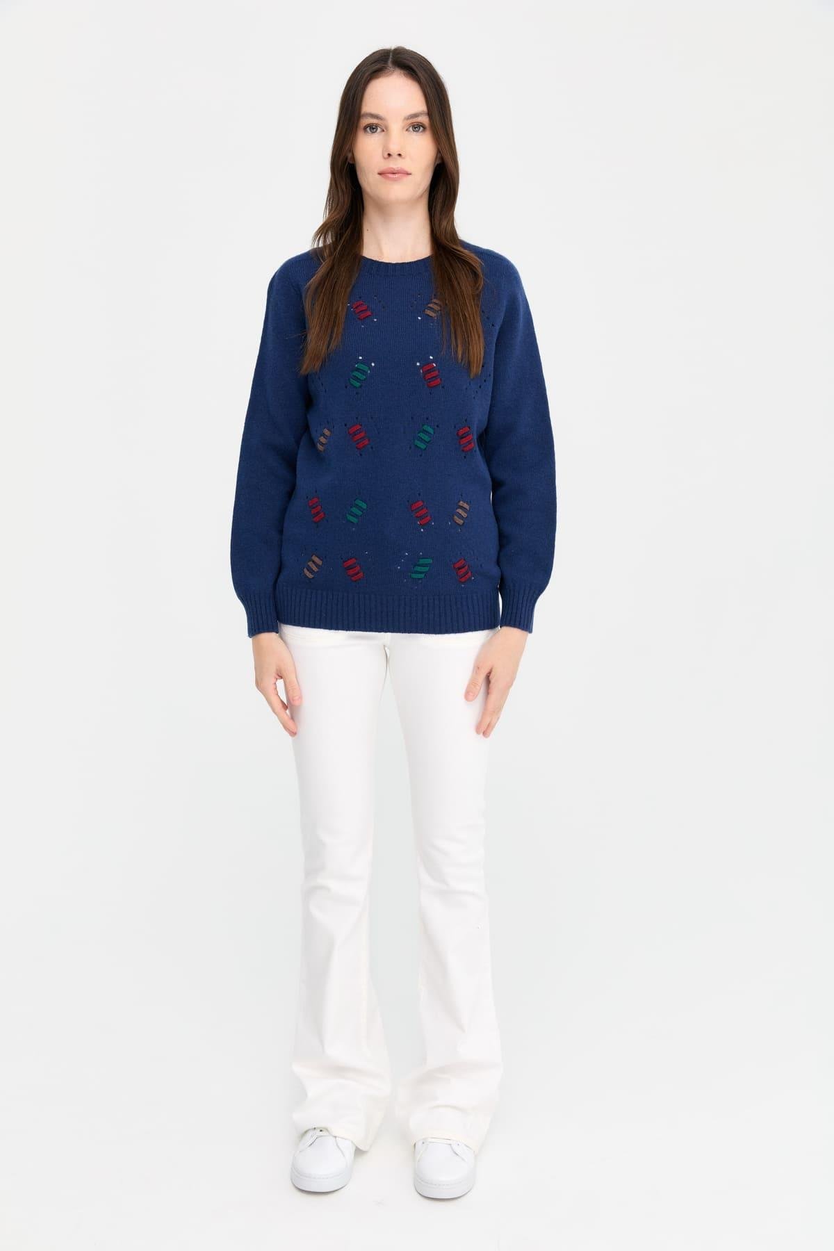 24211Kadın Sıfır Yaka Dikişsiz Yün Kazak İndigo