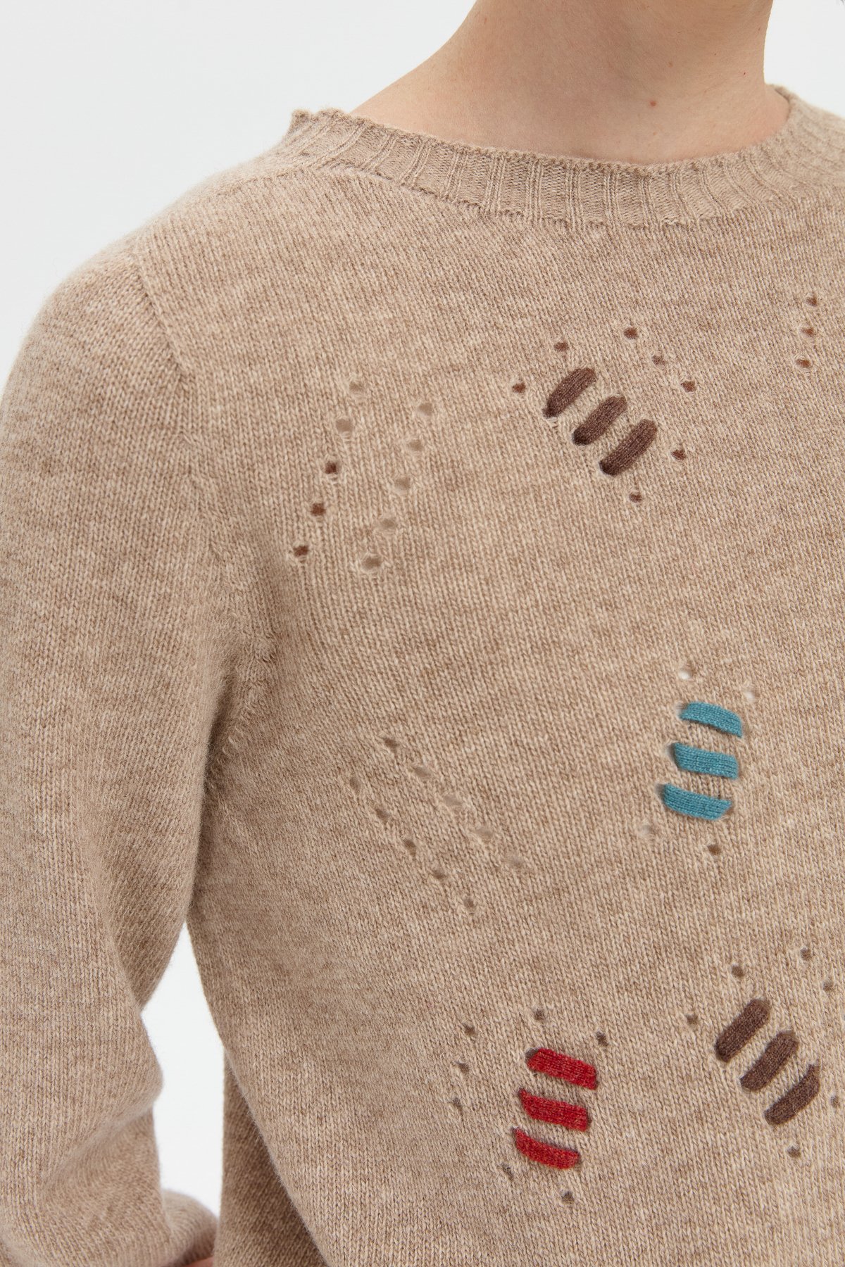 24211Kadın Sıfır Yaka Dikişsiz Yün Kazak K.Bej