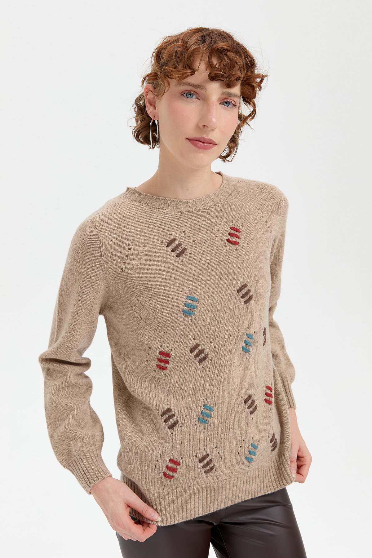 24211Kadın Sıfır Yaka Dikişsiz Yün Kazak K.Bej