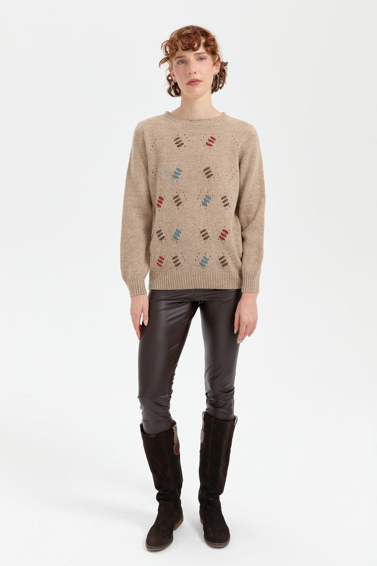 24211Kadın Sıfır Yaka Dikişsiz Yün Kazak K.Bej