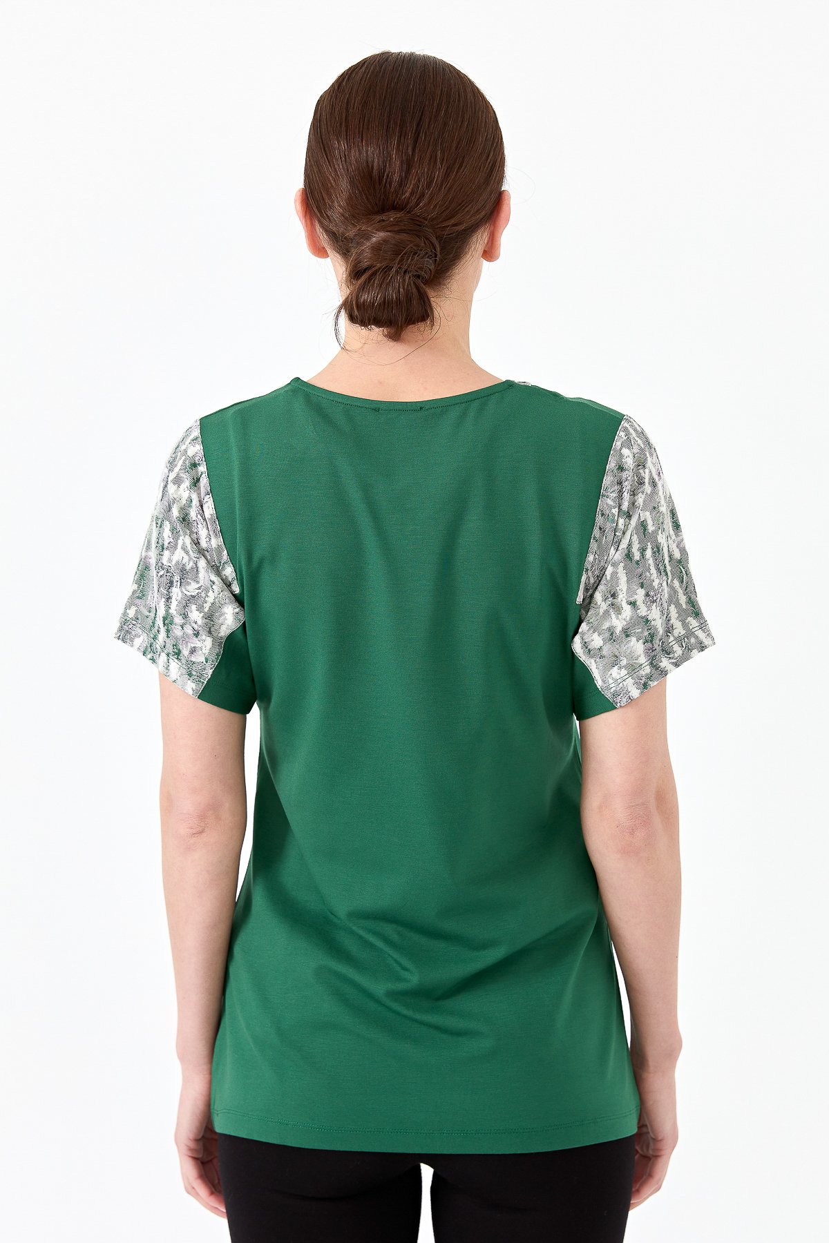 20857Kadın Sıfır Yaka Düşük Kol Çiçek Baskılı Penye Bluz K.Yeşil