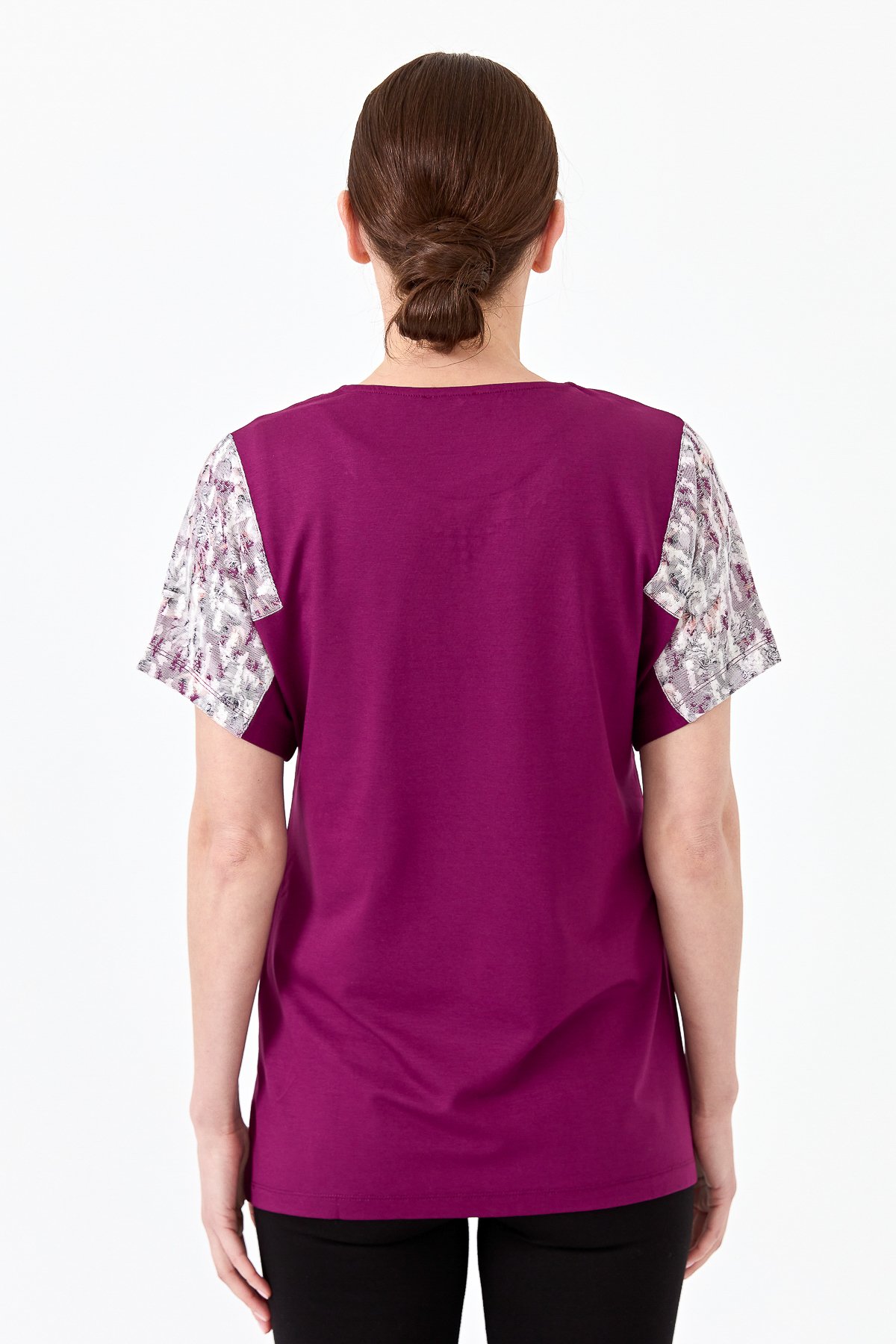 20857Kadın Sıfır Yaka Düşük Kol Çiçek Baskılı Penye Bluz Mürdüm