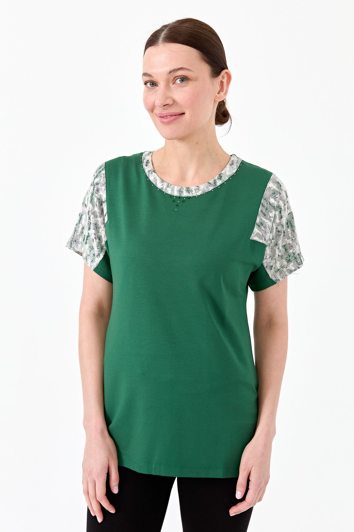 20857Kadın Sıfır Yaka Düşük Kol Çiçek Baskılı Penye Bluz K.Yeşil