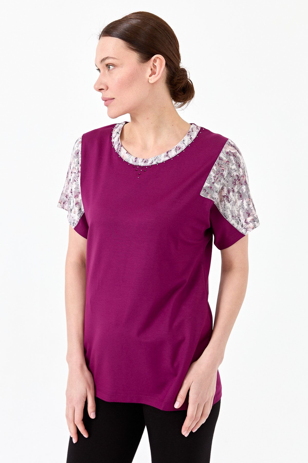 20857Kadın Sıfır Yaka Düşük Kol Çiçek Baskılı Penye Bluz Mürdüm