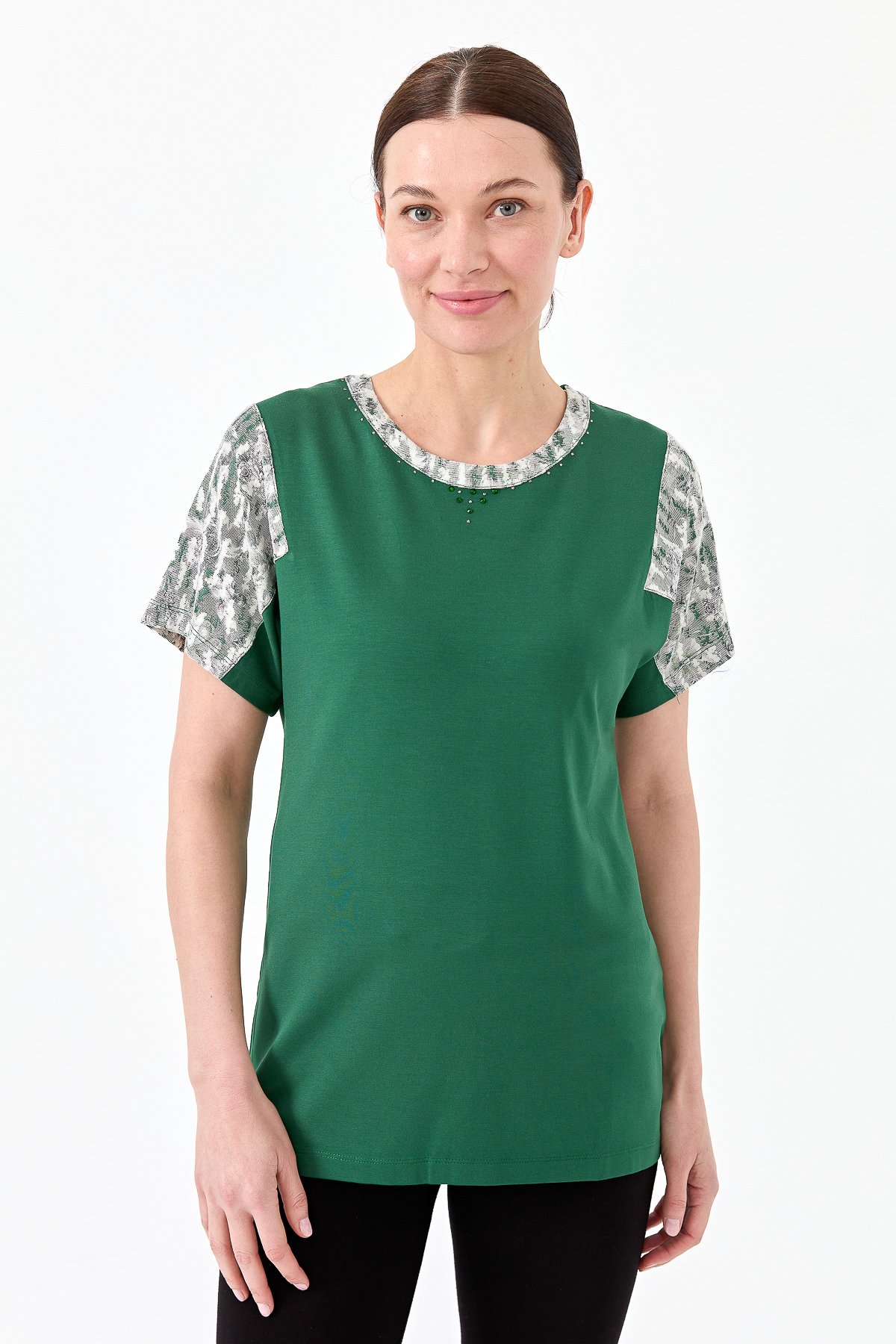 20857Kadın Sıfır Yaka Düşük Kol Çiçek Baskılı Penye Bluz K.Yeşil