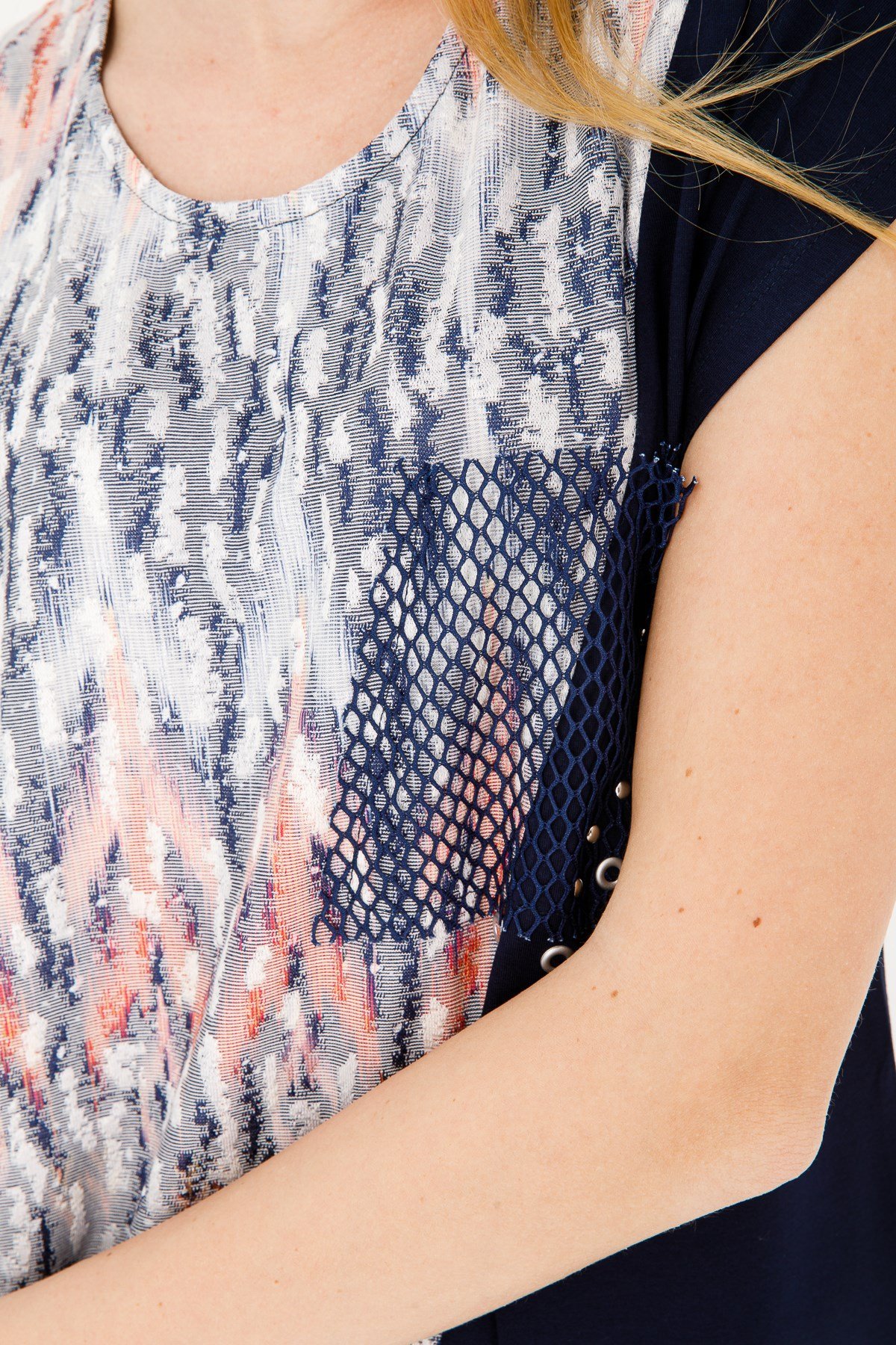 KADIN SIFIR YAKA DÜŞÜK KOL FİLE CEPLİ PENYE BLUZ LACİVERT