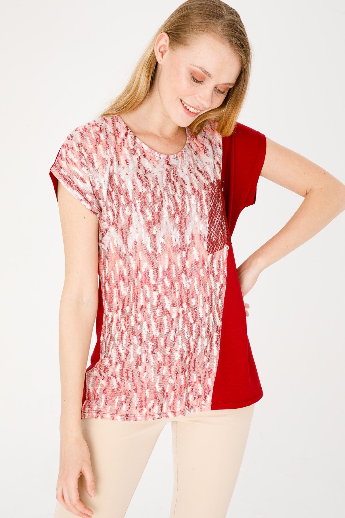 KADIN SIFIR YAKA DÜŞÜK KOL FİLE CEPLİ PENYE BLUZ KIRMIZI