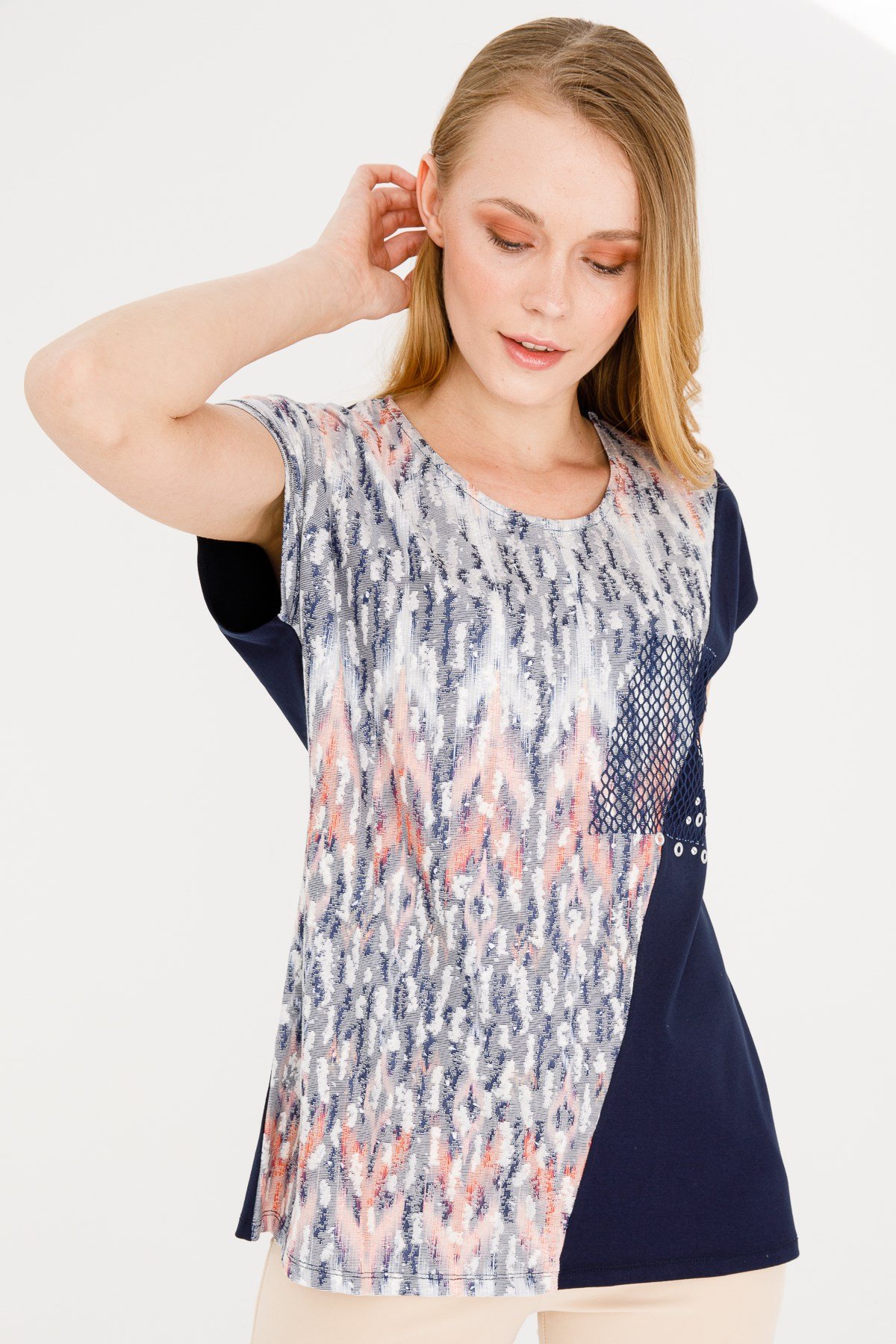 KADIN SIFIR YAKA DÜŞÜK KOL FİLE CEPLİ PENYE BLUZ LACİVERT