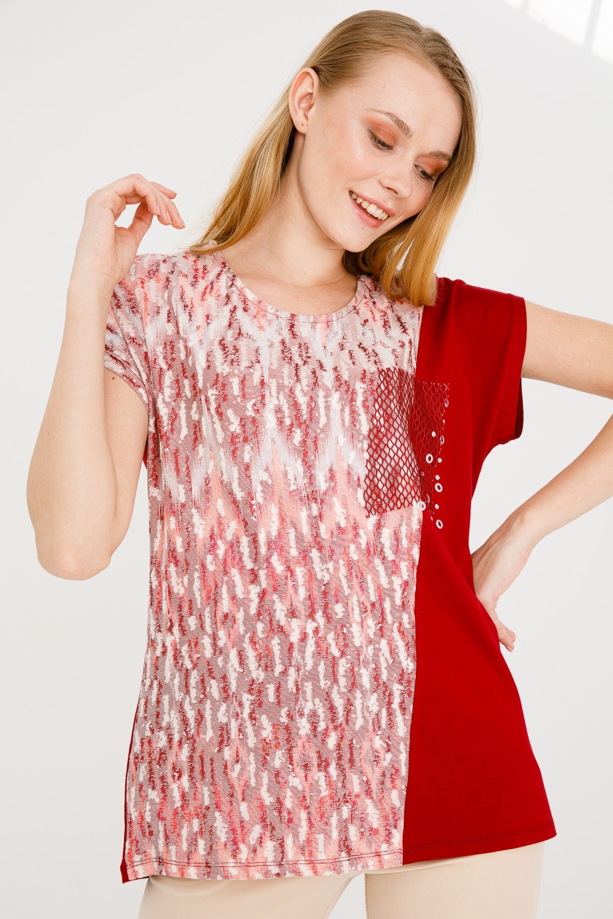 KADIN SIFIR YAKA DÜŞÜK KOL FİLE CEPLİ PENYE BLUZ KIRMIZI