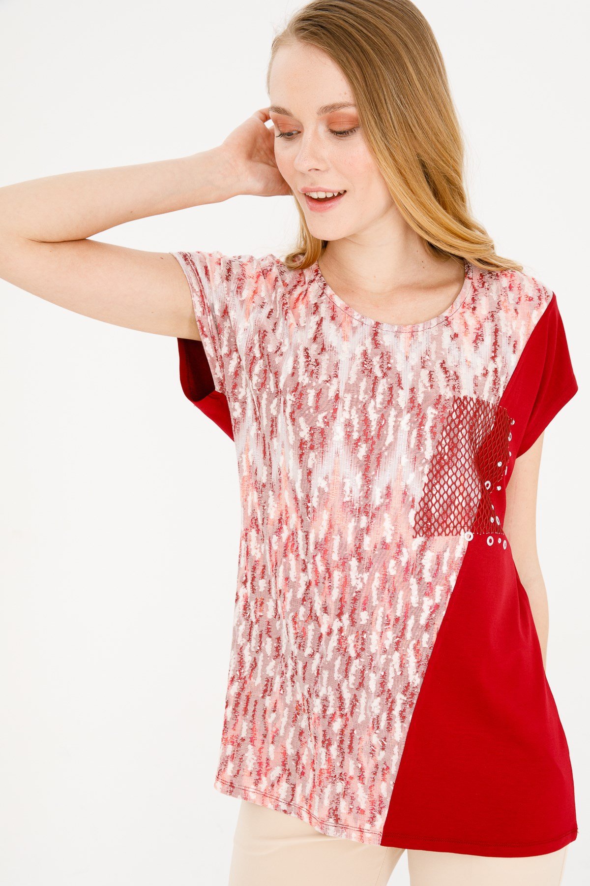 KADIN SIFIR YAKA DÜŞÜK KOL FİLE CEPLİ PENYE BLUZ KIRMIZI