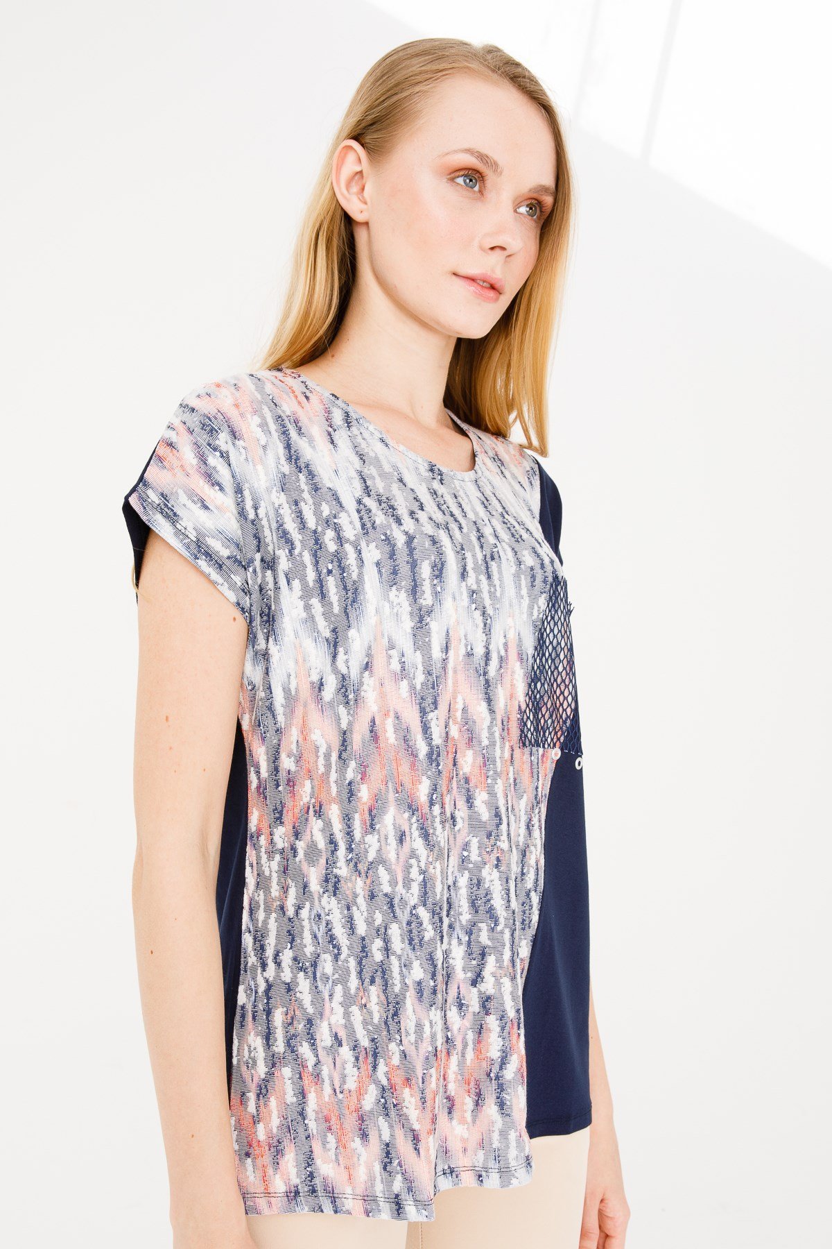 KADIN SIFIR YAKA DÜŞÜK KOL FİLE CEPLİ PENYE BLUZ LACİVERT