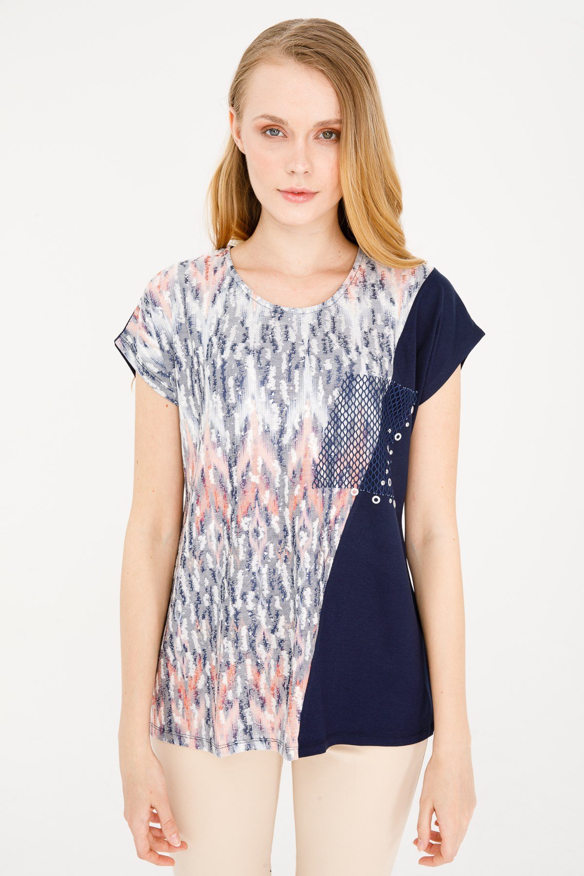 KADIN SIFIR YAKA DÜŞÜK KOL FİLE CEPLİ PENYE BLUZ LACİVERT