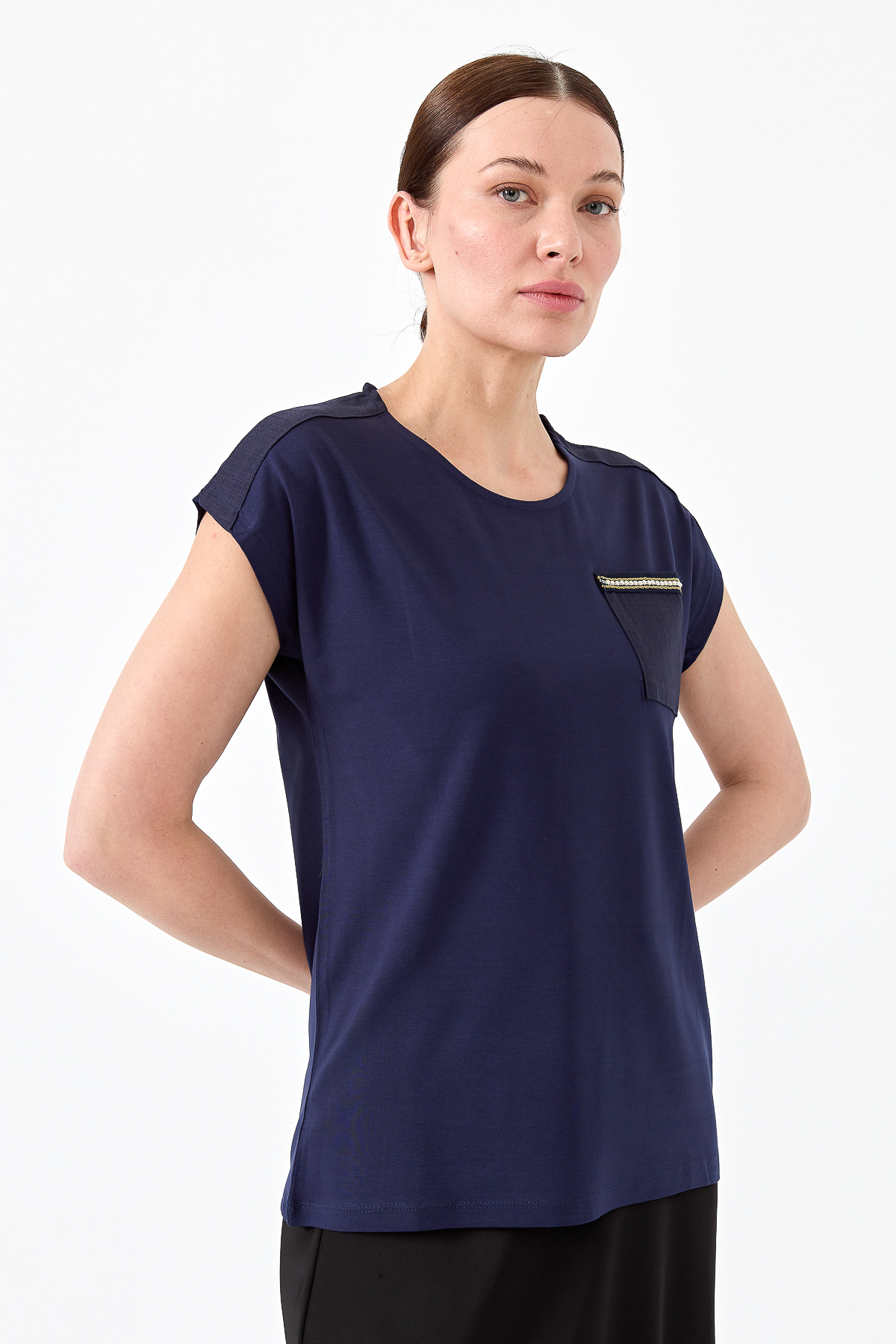 22772Kadın Sıfır Yaka Düşük Kol Simli T-shirt Lacivert