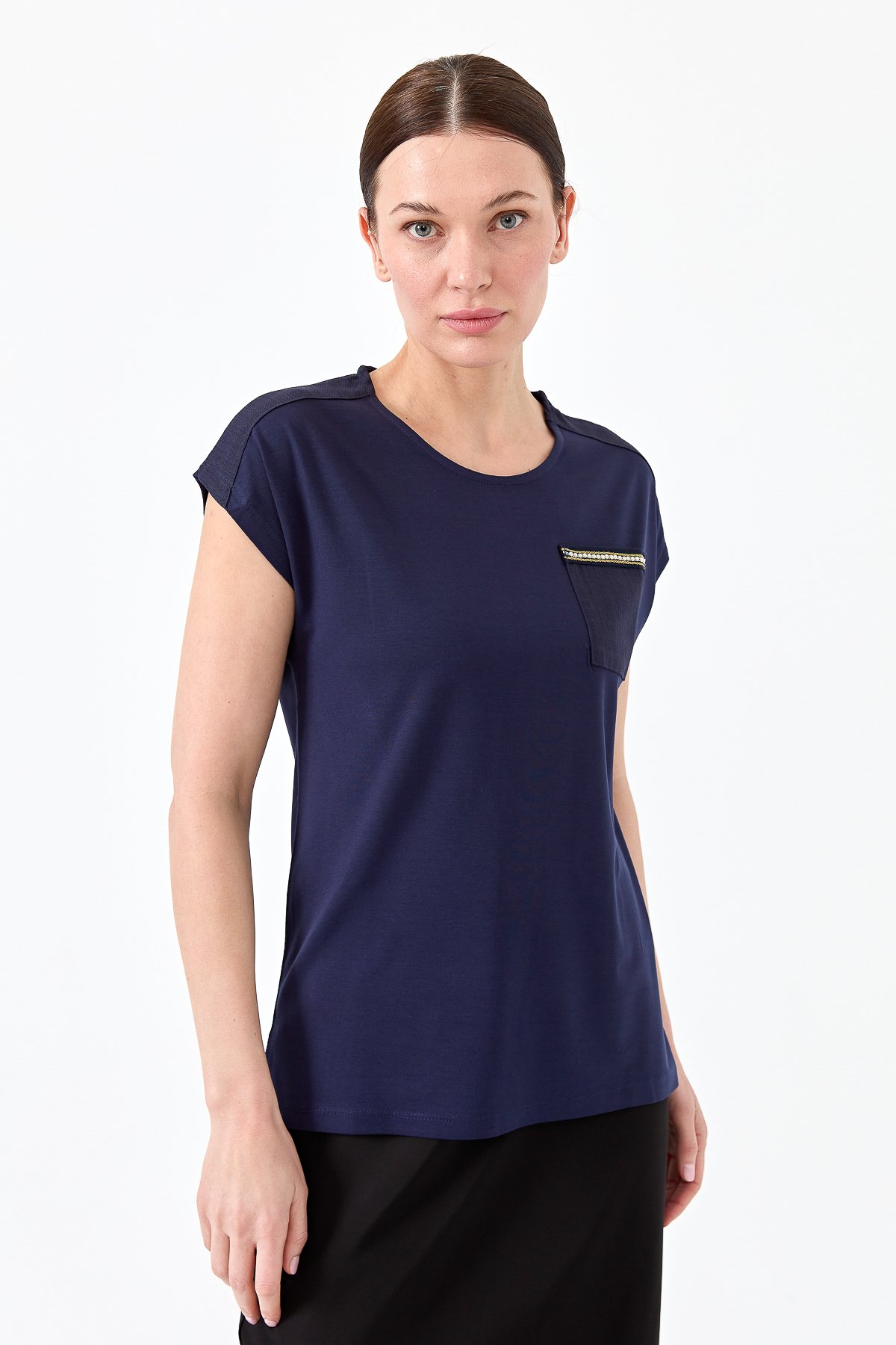 22772Kadın Sıfır Yaka Düşük Kol Simli T-shirt Lacivert