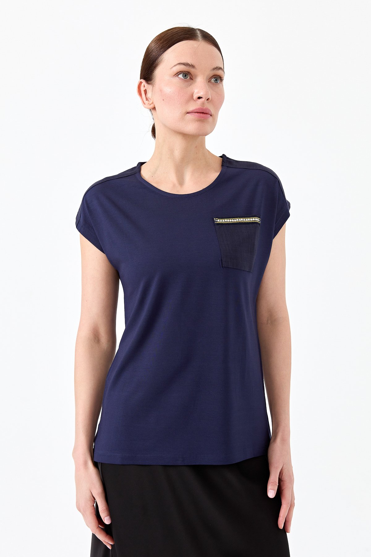 22772Kadın Sıfır Yaka Düşük Kol Simli T-shirt Lacivert