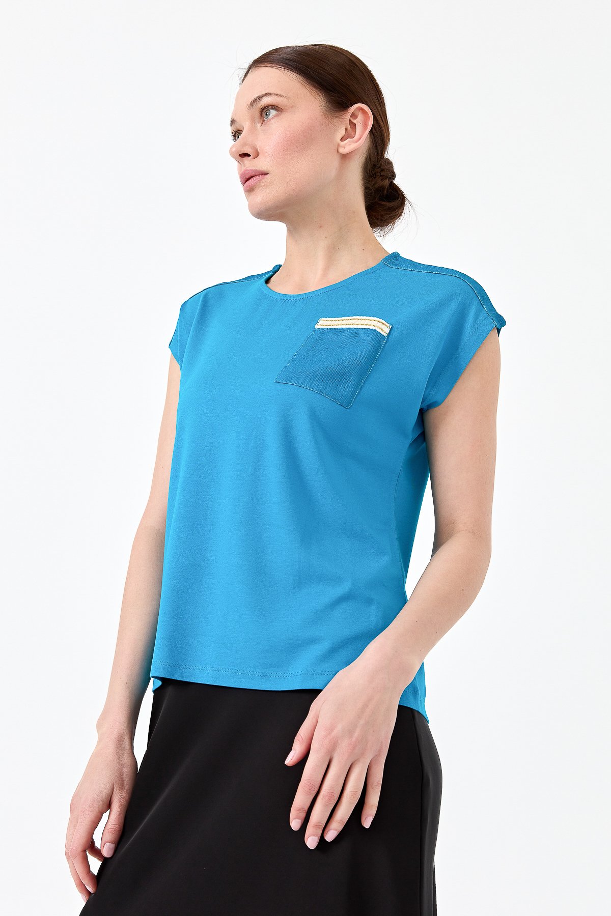 22772Kadın Sıfır Yaka Düşük Kol Simli T-shirt Turkuaz