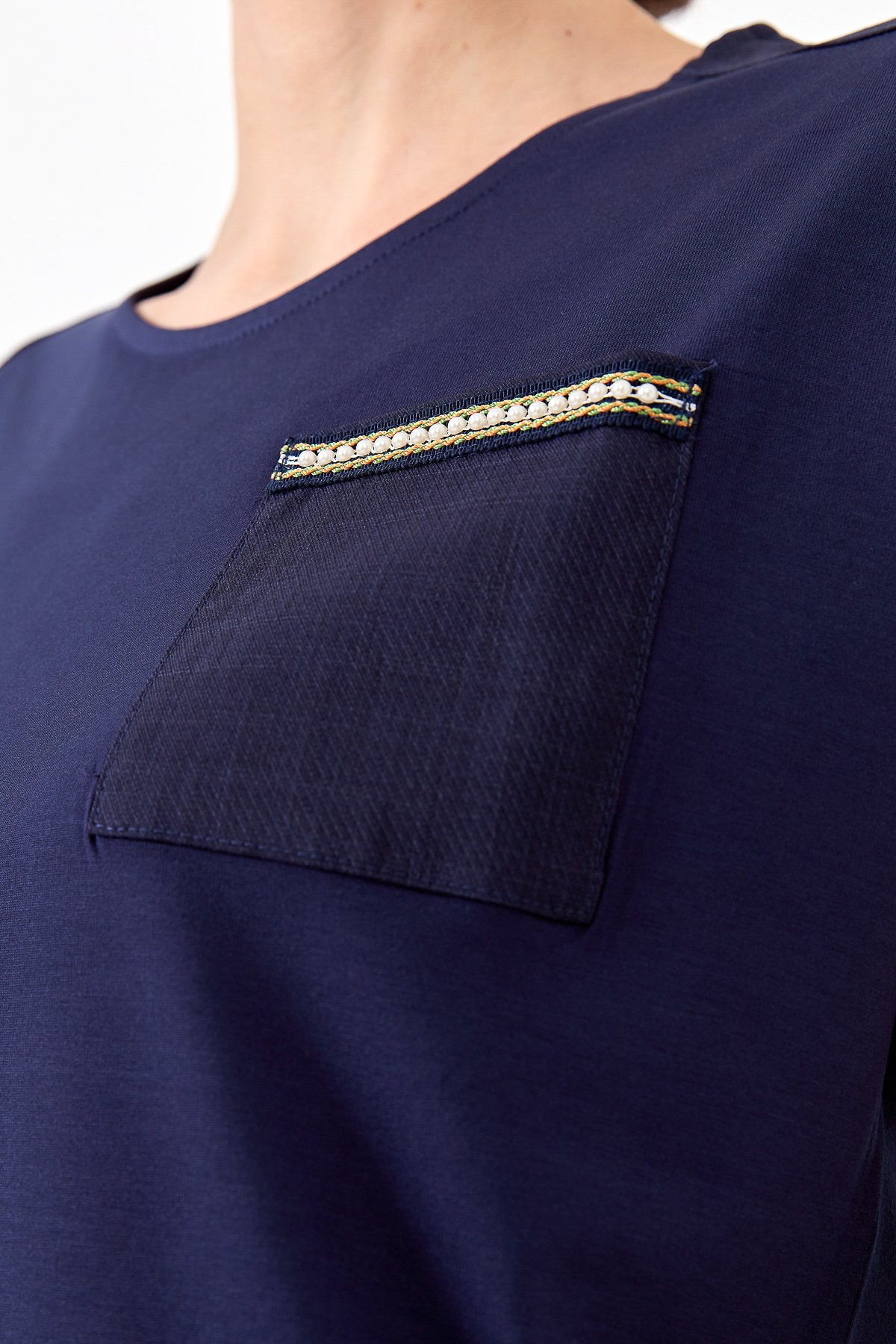 22772Kadın Sıfır Yaka Düşük Kol Simli T-shirt Lacivert