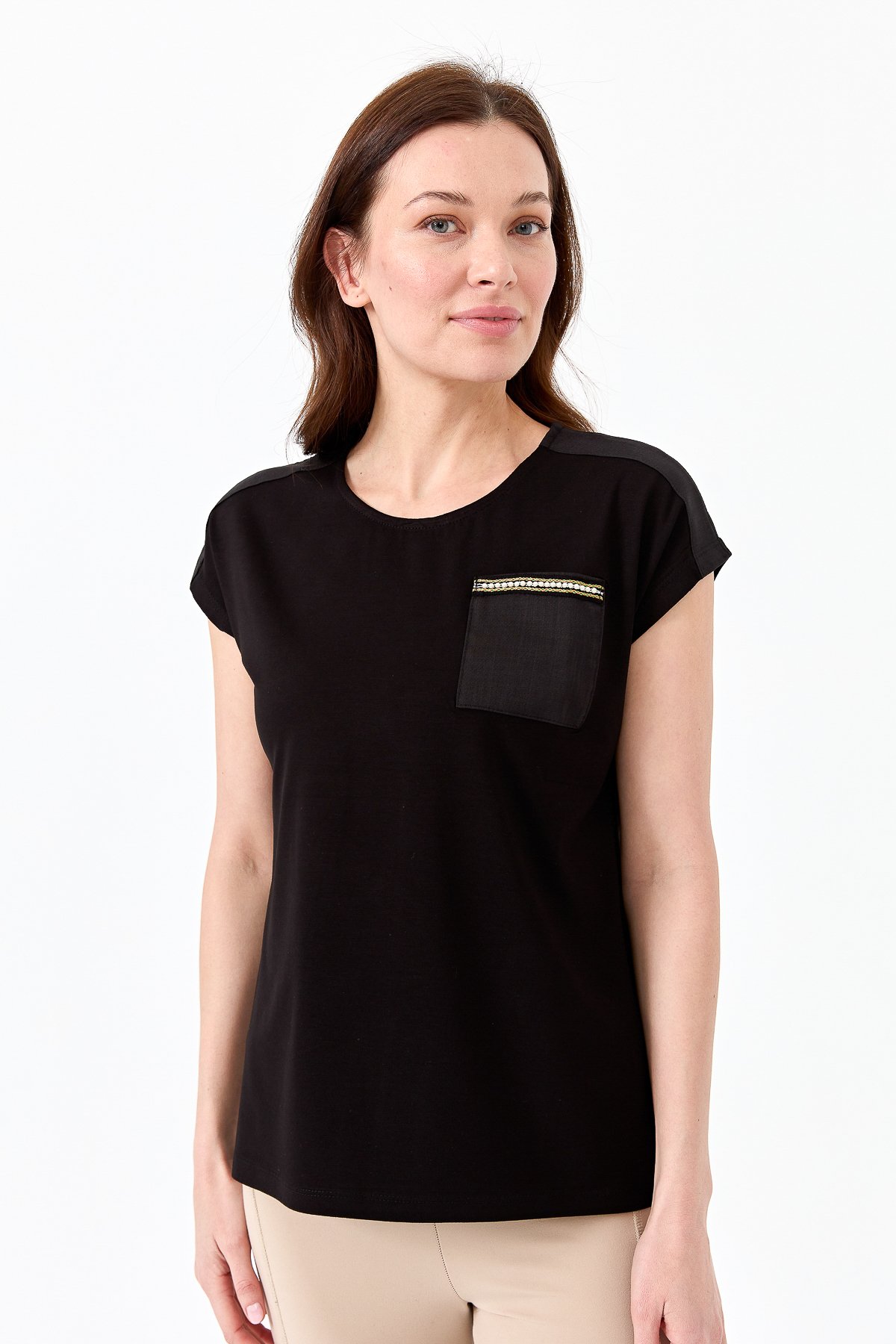 22772Kadın Sıfır Yaka Düşük Kol Simli T-shirt Siyah