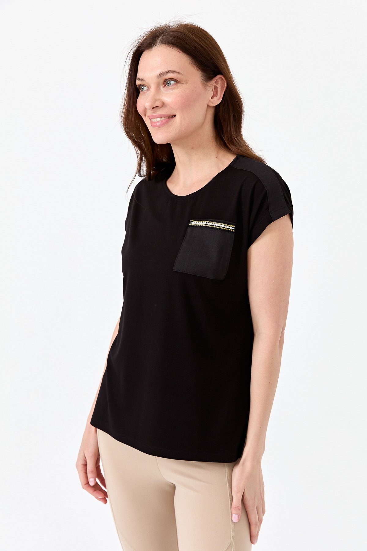 22772Kadın Sıfır Yaka Düşük Kol Simli T-shirt Siyah