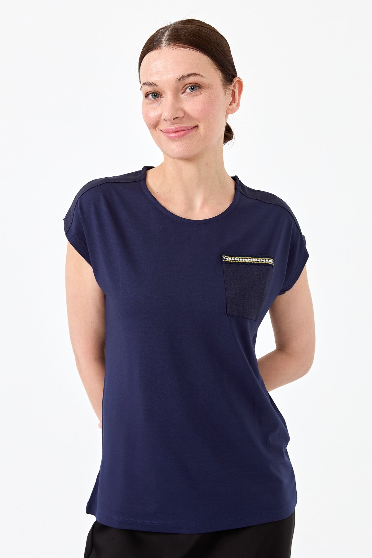 22772Kadın Sıfır Yaka Düşük Kol Simli T-shirt Lacivert