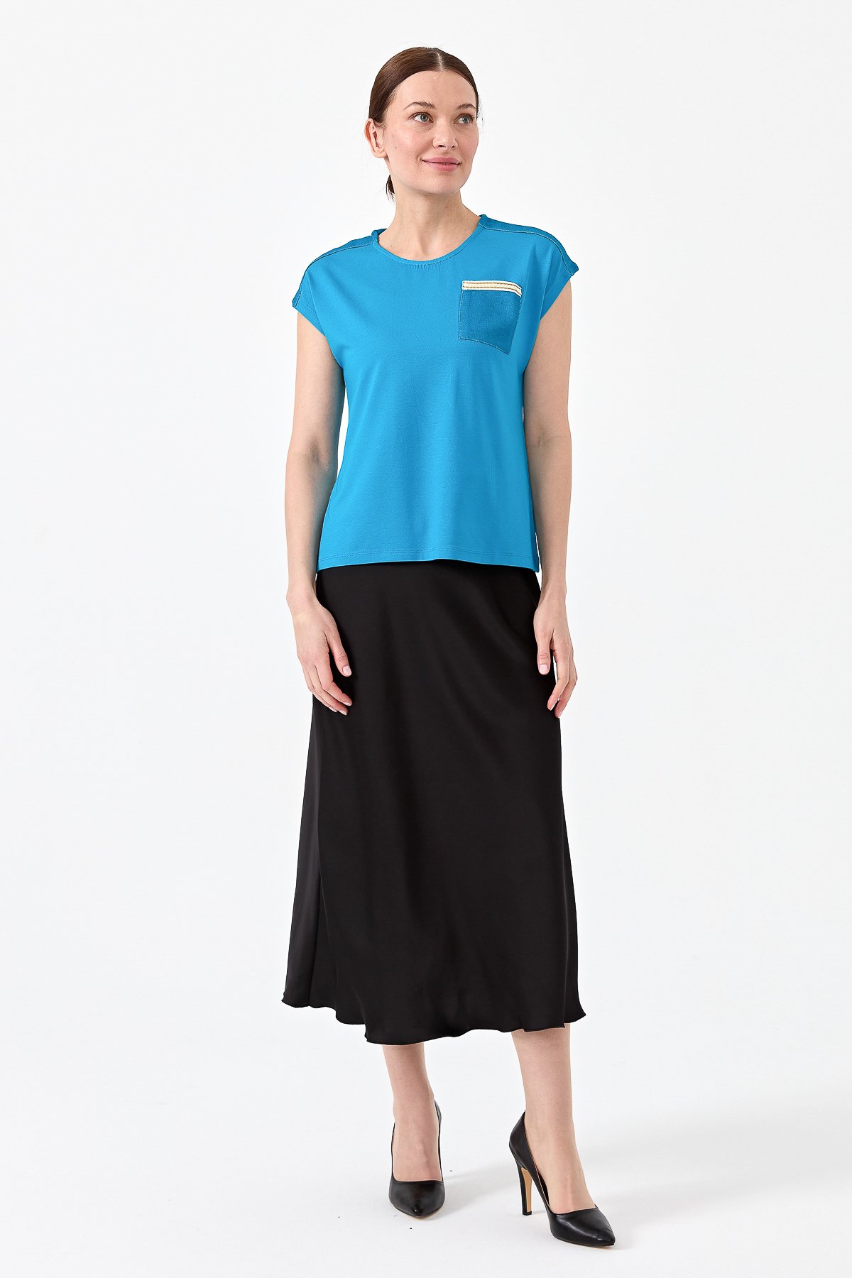 22772Kadın Sıfır Yaka Düşük Kol Simli T-shirt Turkuaz