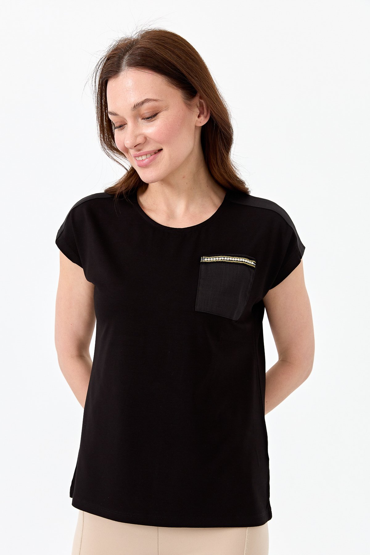 22772Kadın Sıfır Yaka Düşük Kol Simli T-shirt Siyah