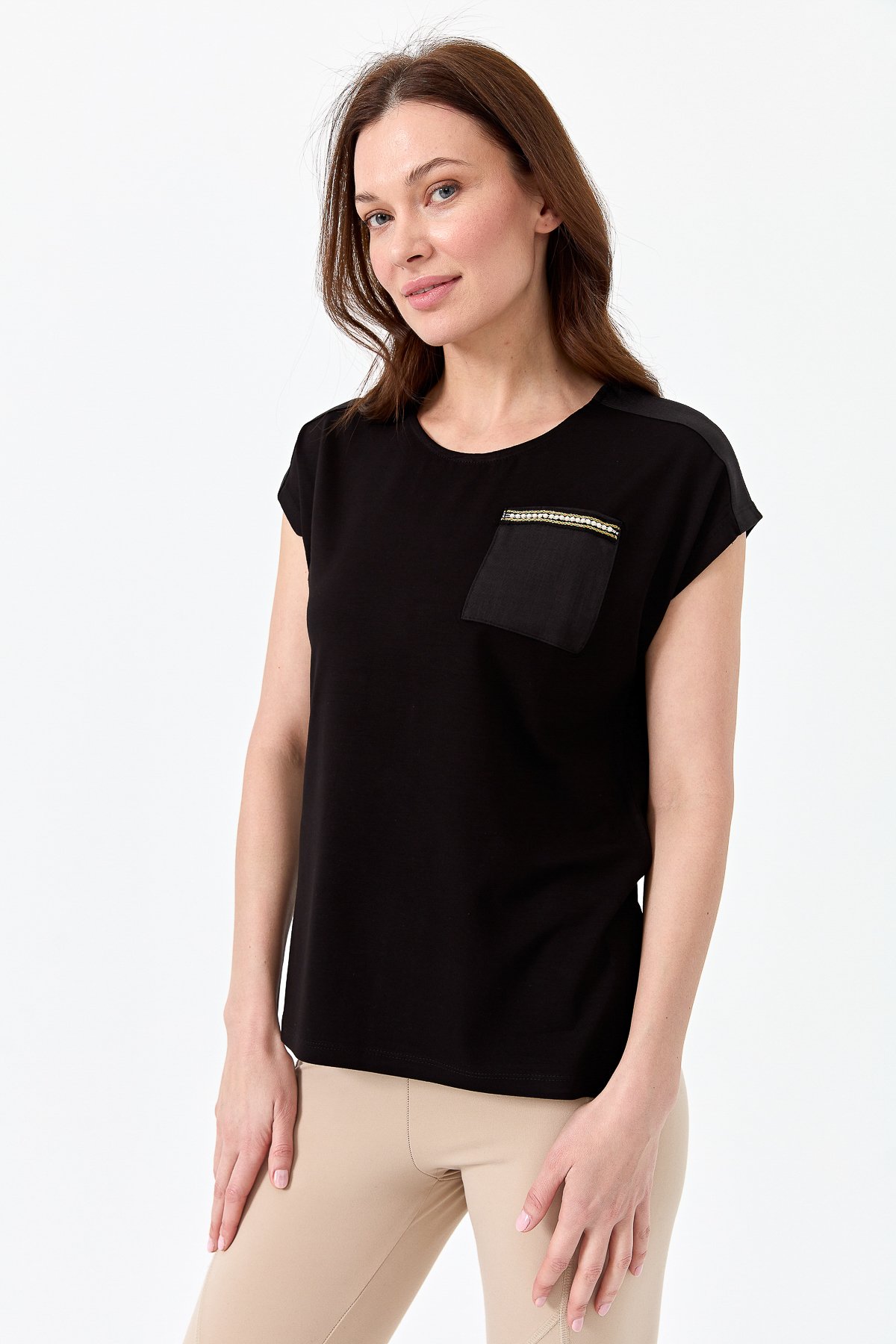 22772Kadın Sıfır Yaka Düşük Kol Simli T-shirt Siyah