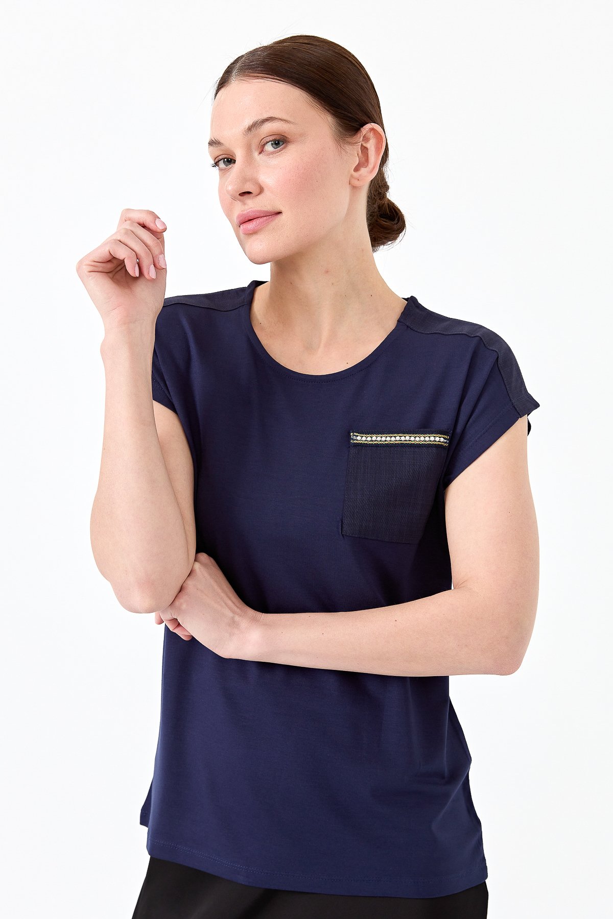 22772Kadın Sıfır Yaka Düşük Kol Simli T-shirt Lacivert