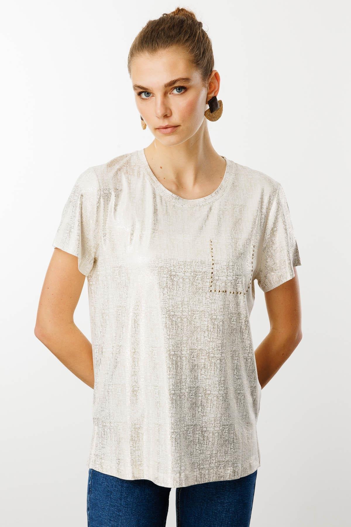 25856Kadın Sıfır Yaka Düşük Kollu Bluz Beyaz